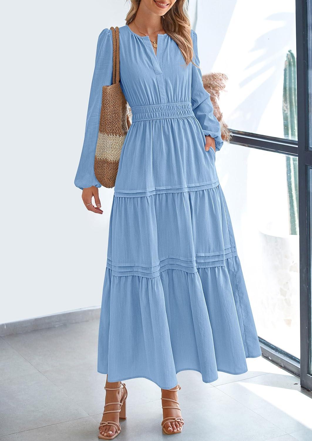 imagePRETTYGARDEN Womens 2025 Elegant Maxi Dresses Long Sleeve V Neck Flowy Pockets Casual Modest Dress Fall Fashion ClothesLight Blue