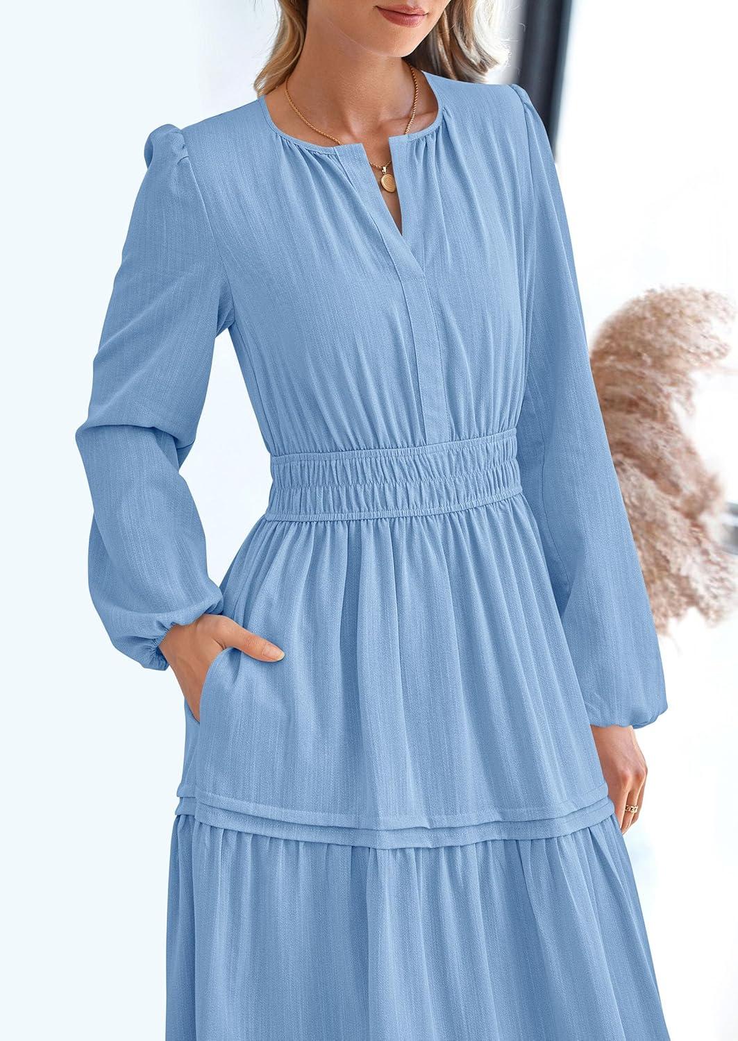 imagePRETTYGARDEN Womens 2025 Elegant Maxi Dresses Long Sleeve V Neck Flowy Pockets Casual Modest Dress Fall Fashion ClothesLight Blue