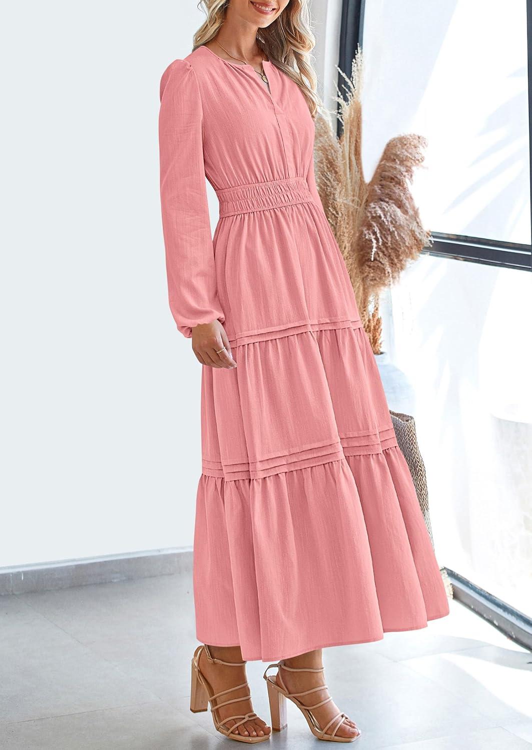 imagePRETTYGARDEN Womens 2025 Elegant Maxi Dresses Long Sleeve V Neck Flowy Pockets Casual Modest Dress Fall Fashion ClothesPink