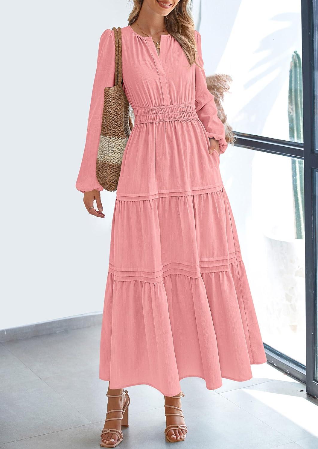imagePRETTYGARDEN Womens 2025 Elegant Maxi Dresses Long Sleeve V Neck Flowy Pockets Casual Modest Dress Fall Fashion ClothesPink