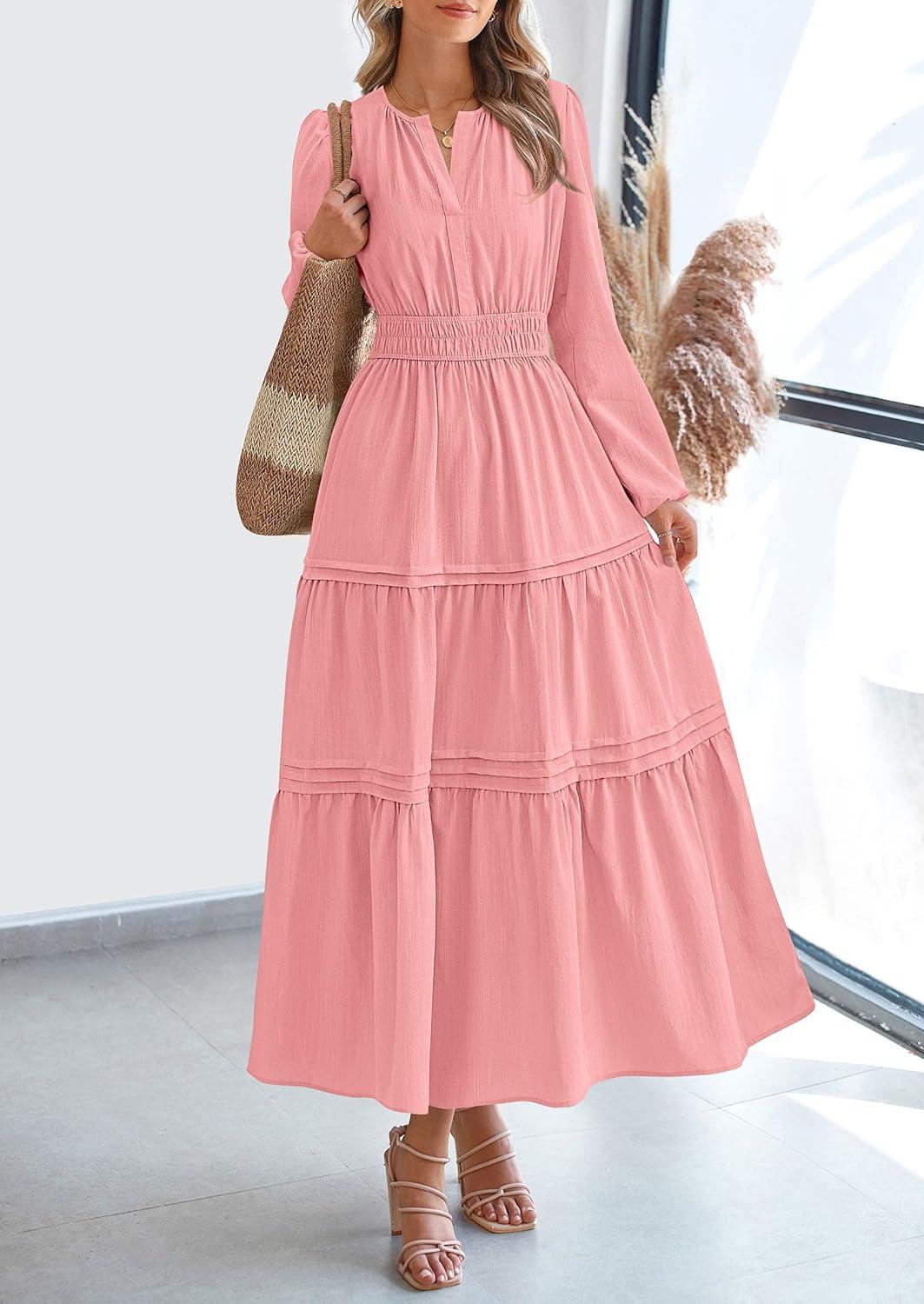 imagePRETTYGARDEN Womens 2025 Elegant Maxi Dresses Long Sleeve V Neck Flowy Pockets Casual Modest Dress Fall Fashion ClothesPink