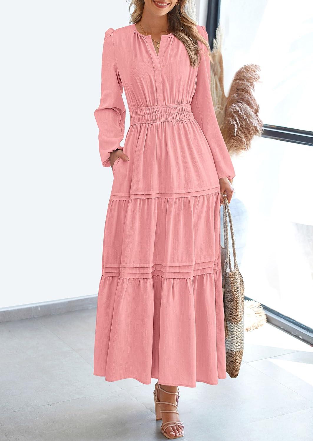 imagePRETTYGARDEN Womens 2025 Elegant Maxi Dresses Long Sleeve V Neck Flowy Pockets Casual Modest Dress Fall Fashion ClothesPink