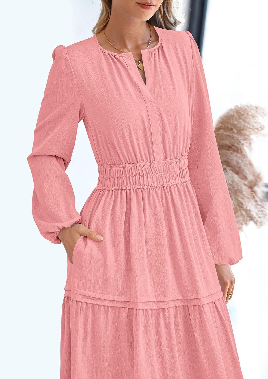 imagePRETTYGARDEN Womens 2025 Elegant Maxi Dresses Long Sleeve V Neck Flowy Pockets Casual Modest Dress Fall Fashion ClothesPink