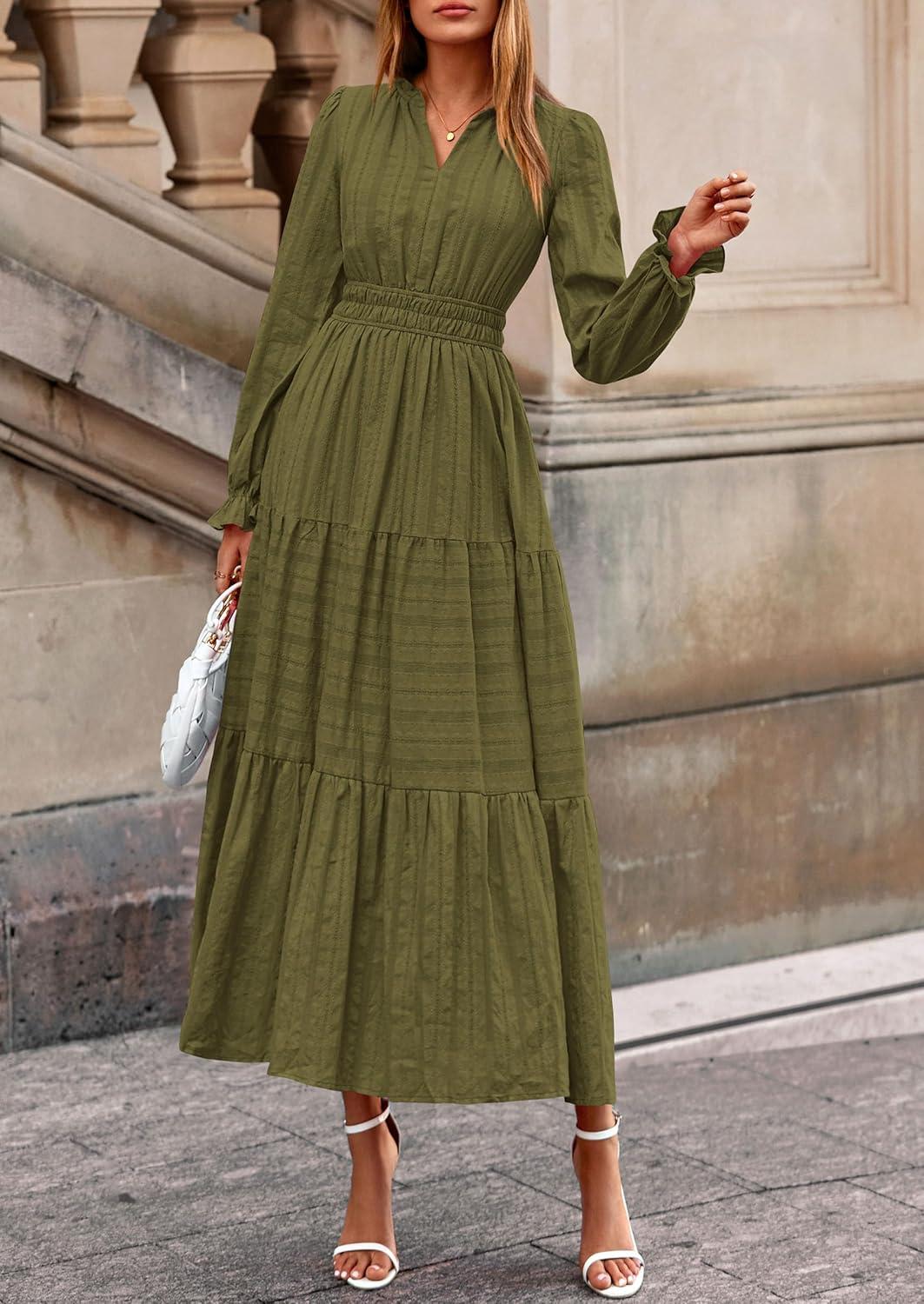 imagePRETTYGARDEN Womens 2025 Fall Wedding Guest Dresses Long Sleeve V Neck Flowy Elegant Holiday Party Maxi Dress with PocketsArmy Green