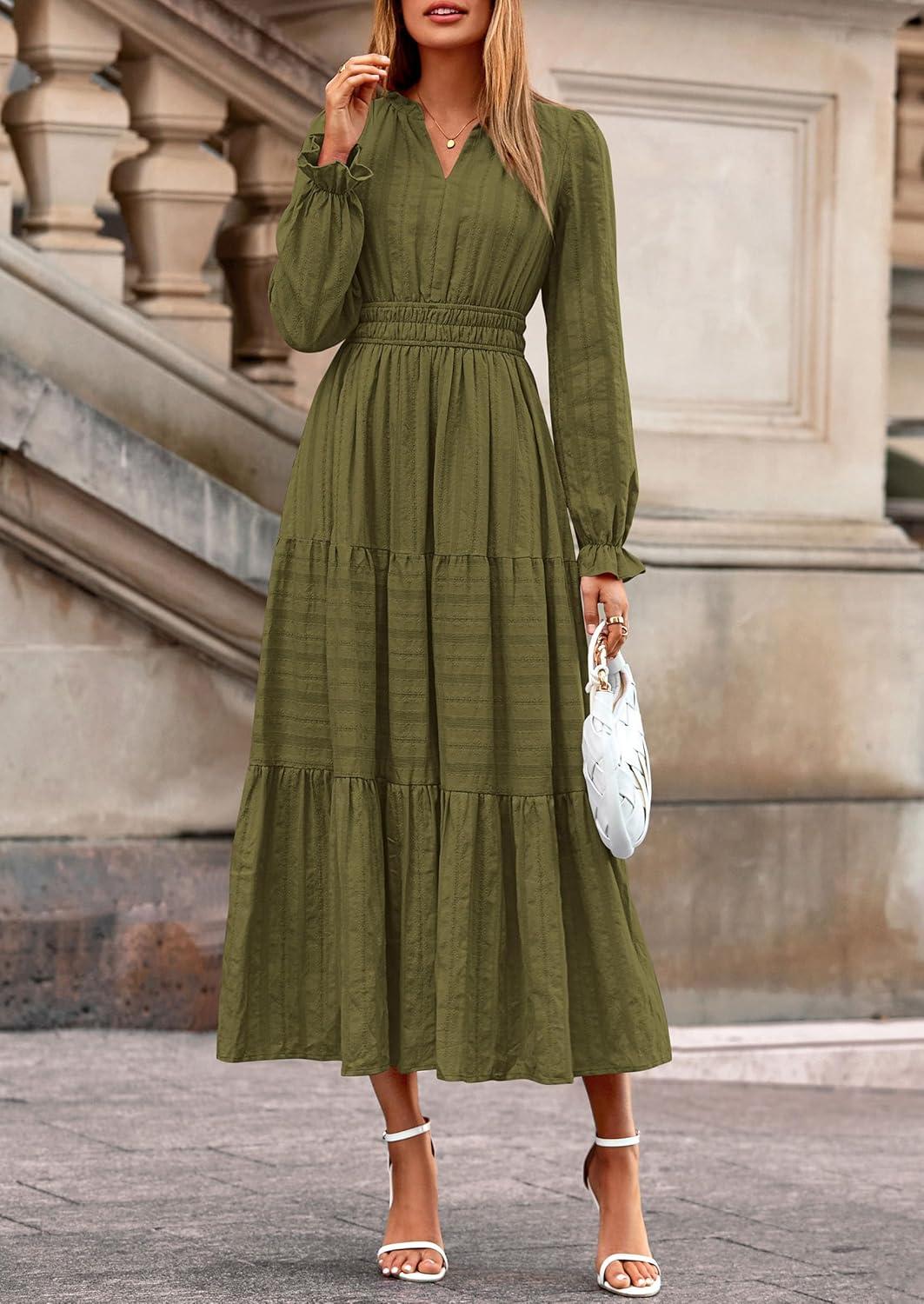 imagePRETTYGARDEN Womens 2025 Fall Wedding Guest Dresses Long Sleeve V Neck Flowy Elegant Holiday Party Maxi Dress with PocketsArmy Green