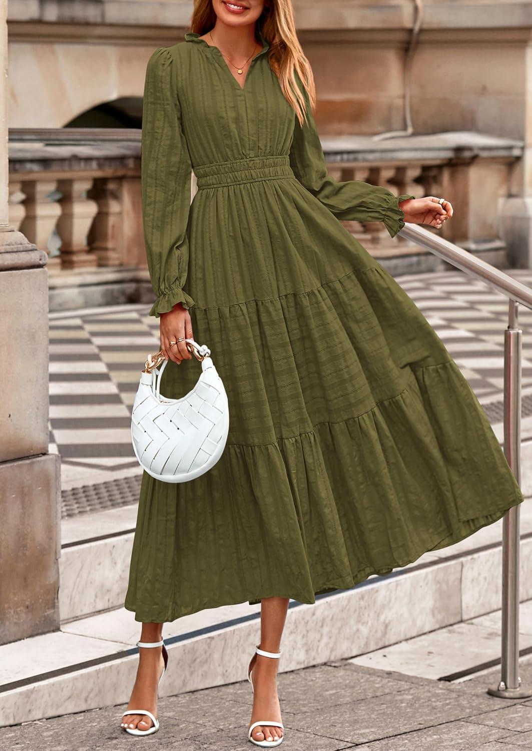 imagePRETTYGARDEN Womens 2025 Fall Wedding Guest Dresses Long Sleeve V Neck Flowy Elegant Holiday Party Maxi Dress with PocketsArmy Green