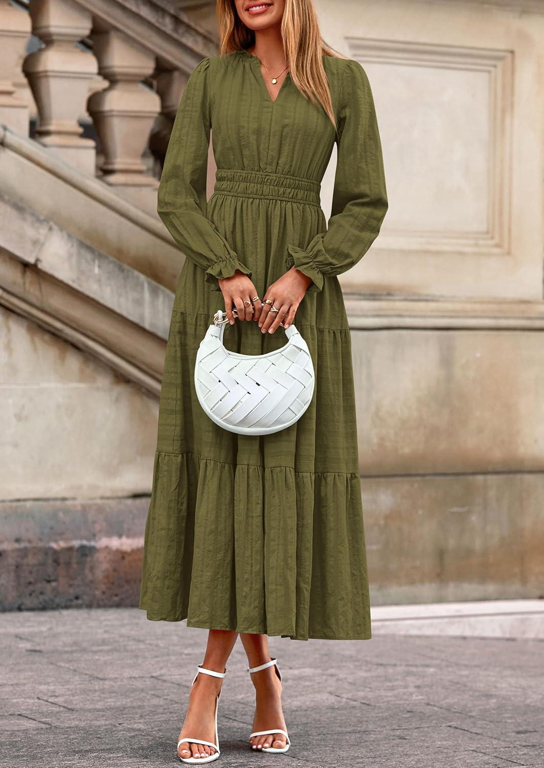imagePRETTYGARDEN Womens 2025 Fall Wedding Guest Dresses Long Sleeve V Neck Flowy Elegant Holiday Party Maxi Dress with PocketsArmy Green