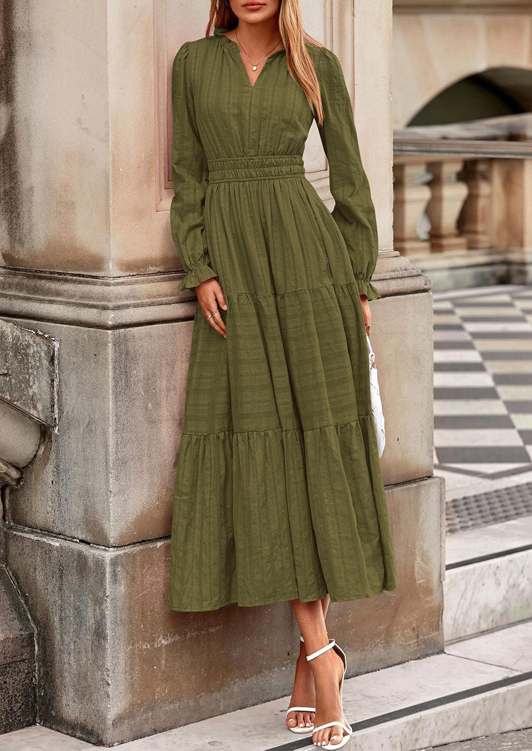 imagePRETTYGARDEN Womens 2025 Fall Wedding Guest Dresses Long Sleeve V Neck Flowy Elegant Holiday Party Maxi Dress with PocketsArmy Green