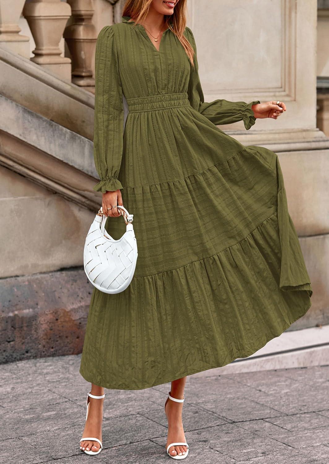 imagePRETTYGARDEN Womens 2025 Fall Wedding Guest Dresses Long Sleeve V Neck Flowy Elegant Holiday Party Maxi Dress with PocketsArmy Green