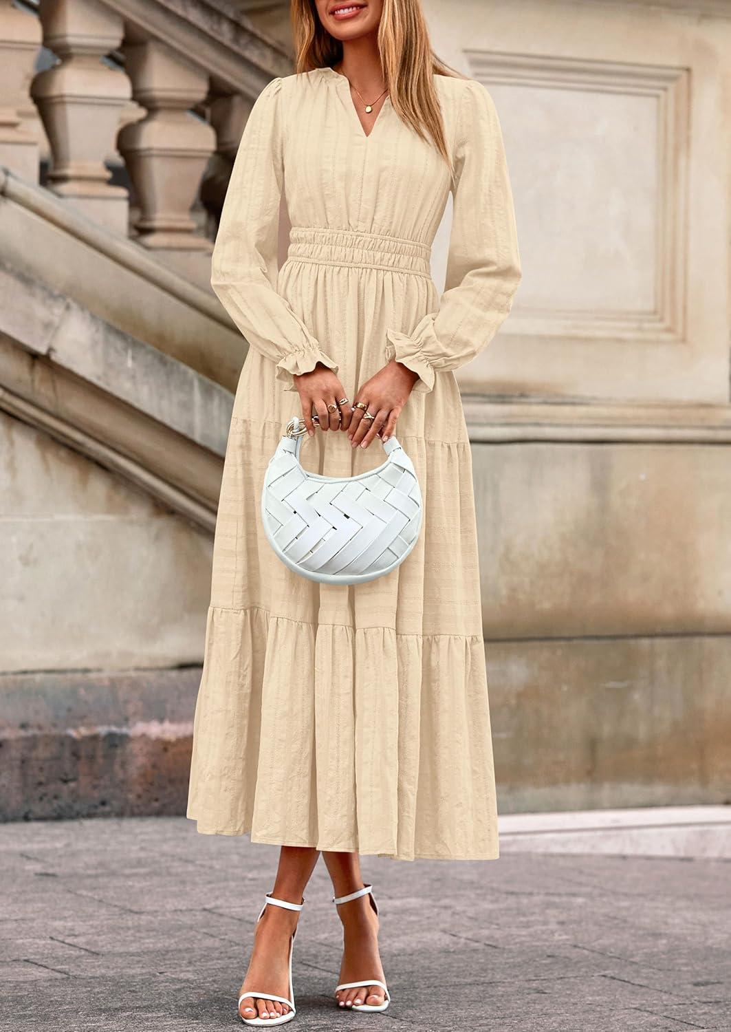imagePRETTYGARDEN Womens 2025 Fall Wedding Guest Dresses Long Sleeve V Neck Flowy Elegant Holiday Party Maxi Dress with PocketsBeige