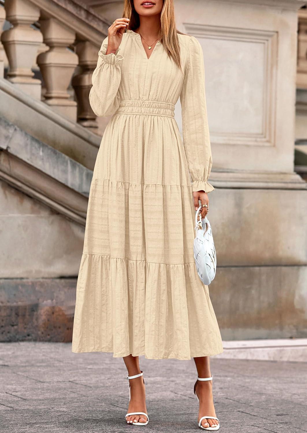 imagePRETTYGARDEN Womens 2025 Fall Wedding Guest Dresses Long Sleeve V Neck Flowy Elegant Holiday Party Maxi Dress with PocketsBeige