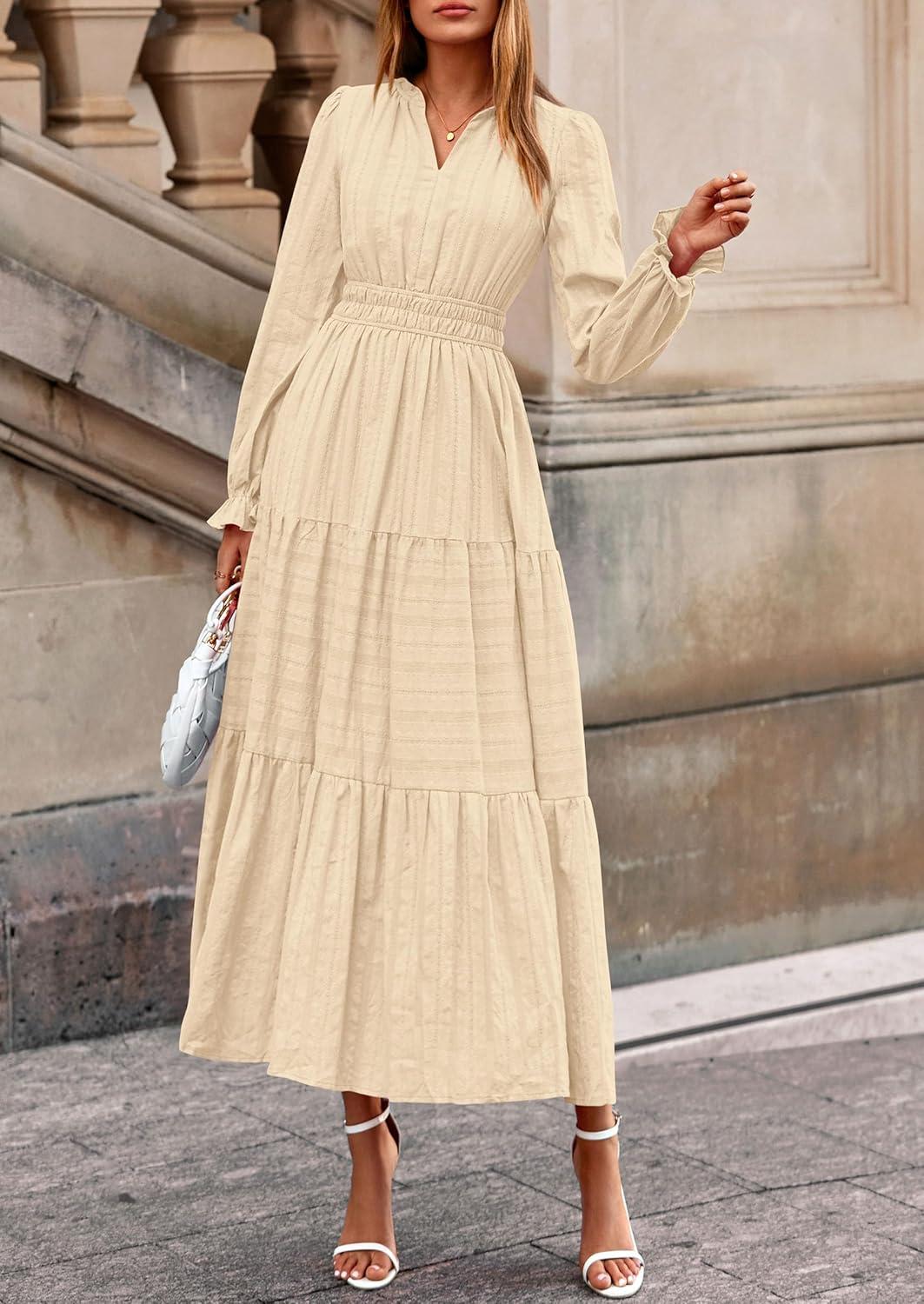 imagePRETTYGARDEN Womens 2025 Fall Wedding Guest Dresses Long Sleeve V Neck Flowy Elegant Holiday Party Maxi Dress with PocketsBeige