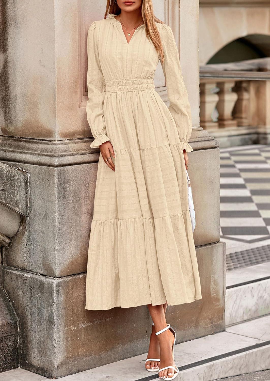 imagePRETTYGARDEN Womens 2025 Fall Wedding Guest Dresses Long Sleeve V Neck Flowy Elegant Holiday Party Maxi Dress with PocketsBeige
