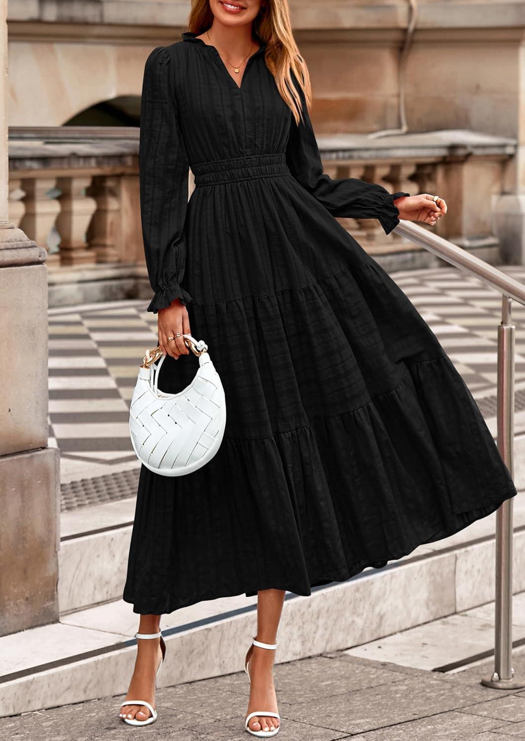 imagePRETTYGARDEN Womens 2025 Fall Wedding Guest Dresses Long Sleeve V Neck Flowy Elegant Holiday Party Maxi Dress with PocketsBlack