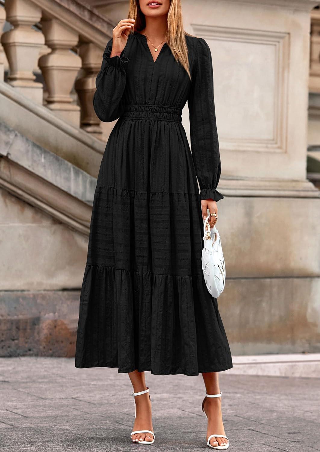 imagePRETTYGARDEN Womens 2025 Fall Wedding Guest Dresses Long Sleeve V Neck Flowy Elegant Holiday Party Maxi Dress with PocketsBlack