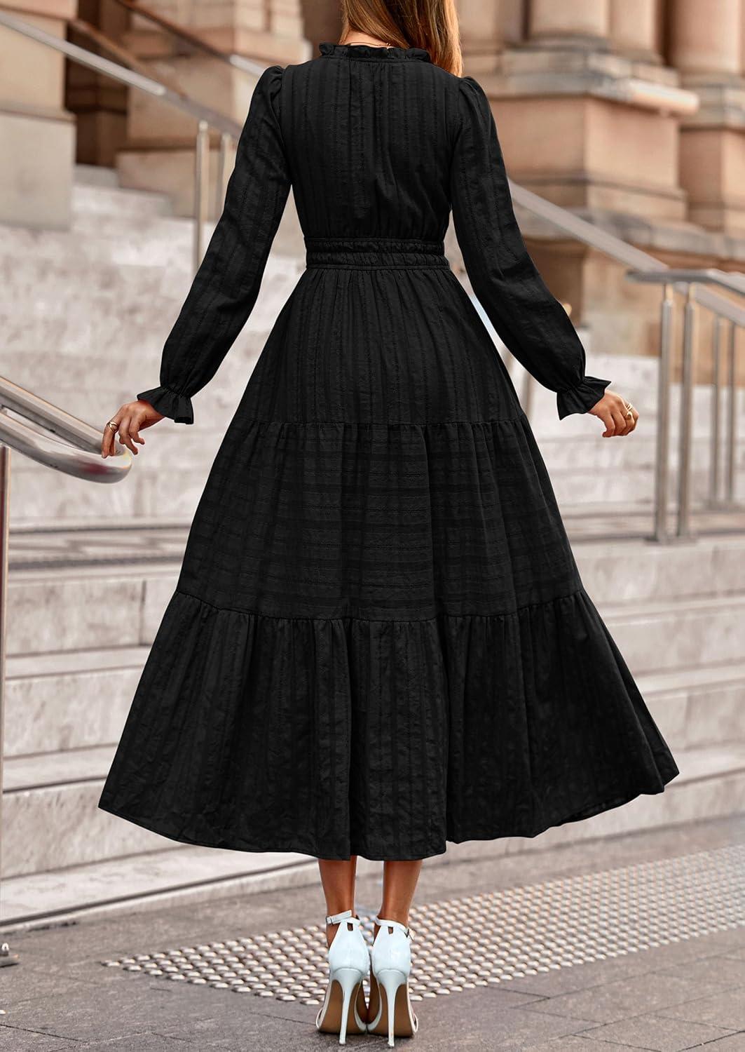 imagePRETTYGARDEN Womens 2025 Fall Wedding Guest Dresses Long Sleeve V Neck Flowy Elegant Holiday Party Maxi Dress with PocketsBlack
