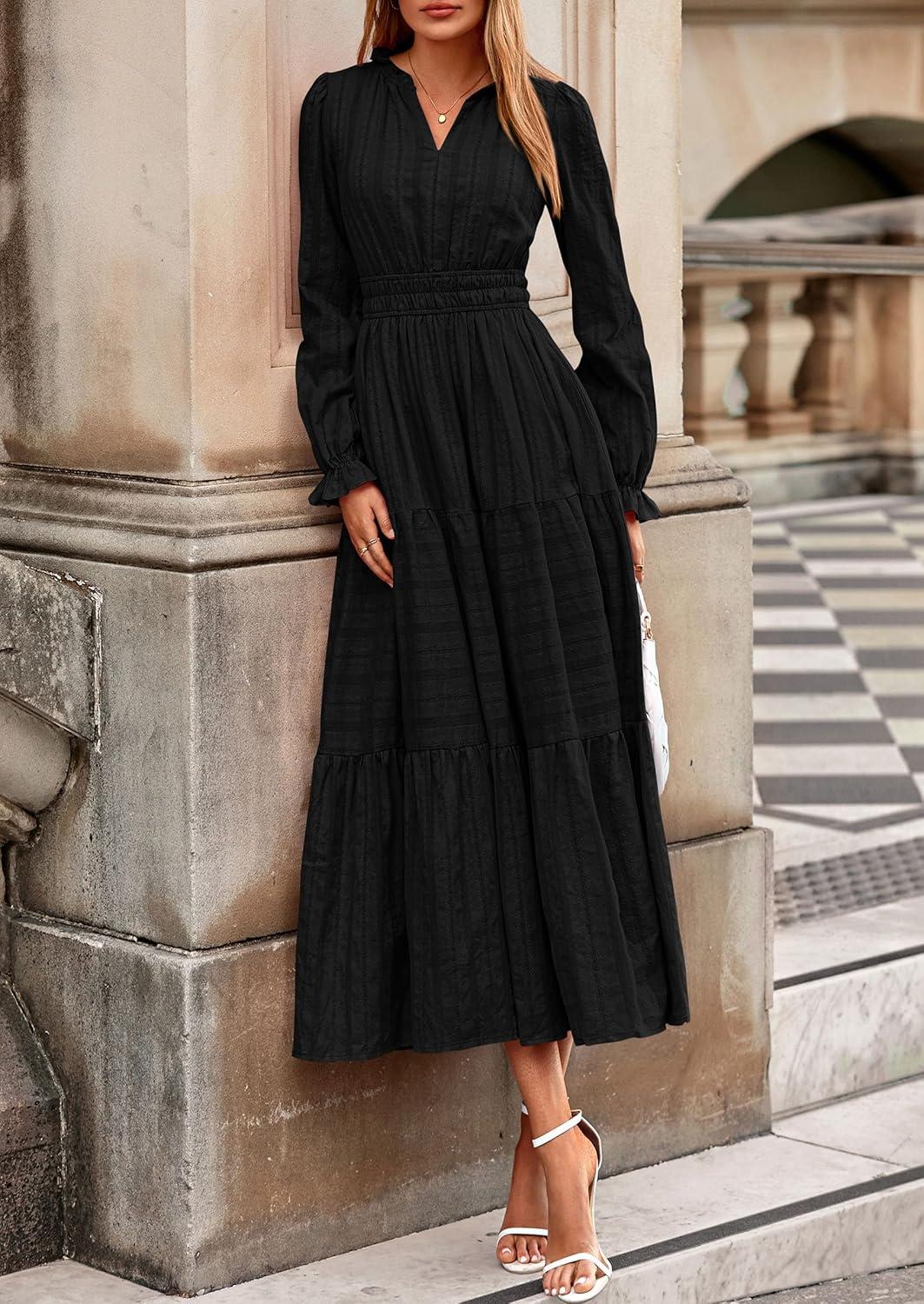 imagePRETTYGARDEN Womens 2025 Fall Wedding Guest Dresses Long Sleeve V Neck Flowy Elegant Holiday Party Maxi Dress with PocketsBlack