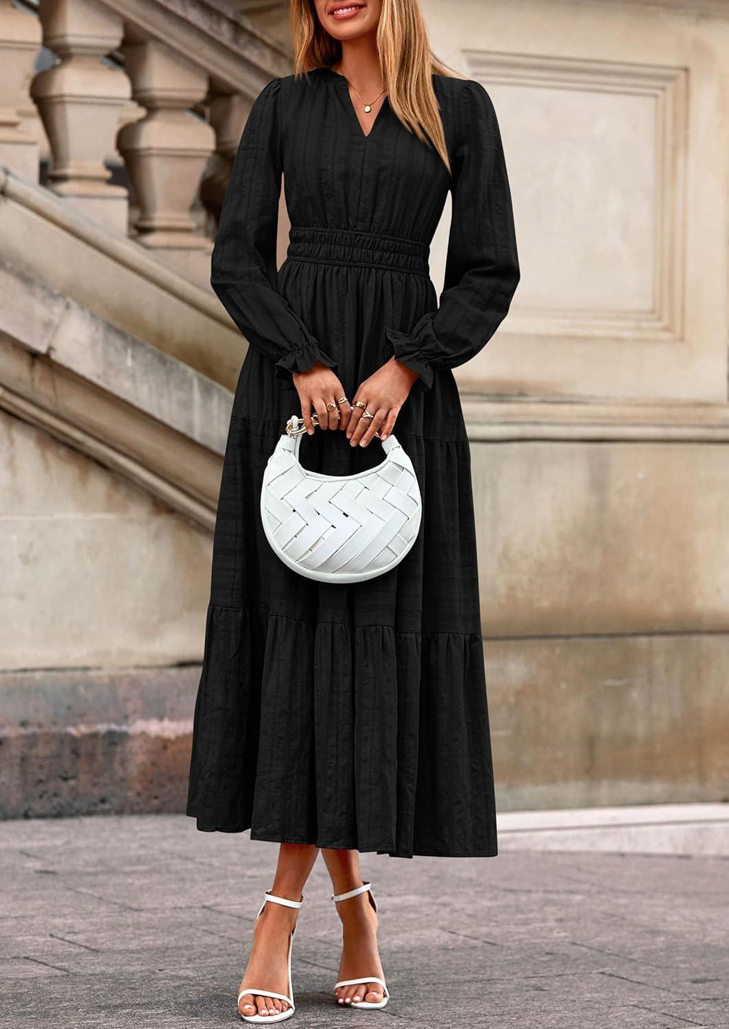 imagePRETTYGARDEN Womens 2025 Fall Wedding Guest Dresses Long Sleeve V Neck Flowy Elegant Holiday Party Maxi Dress with PocketsBlack