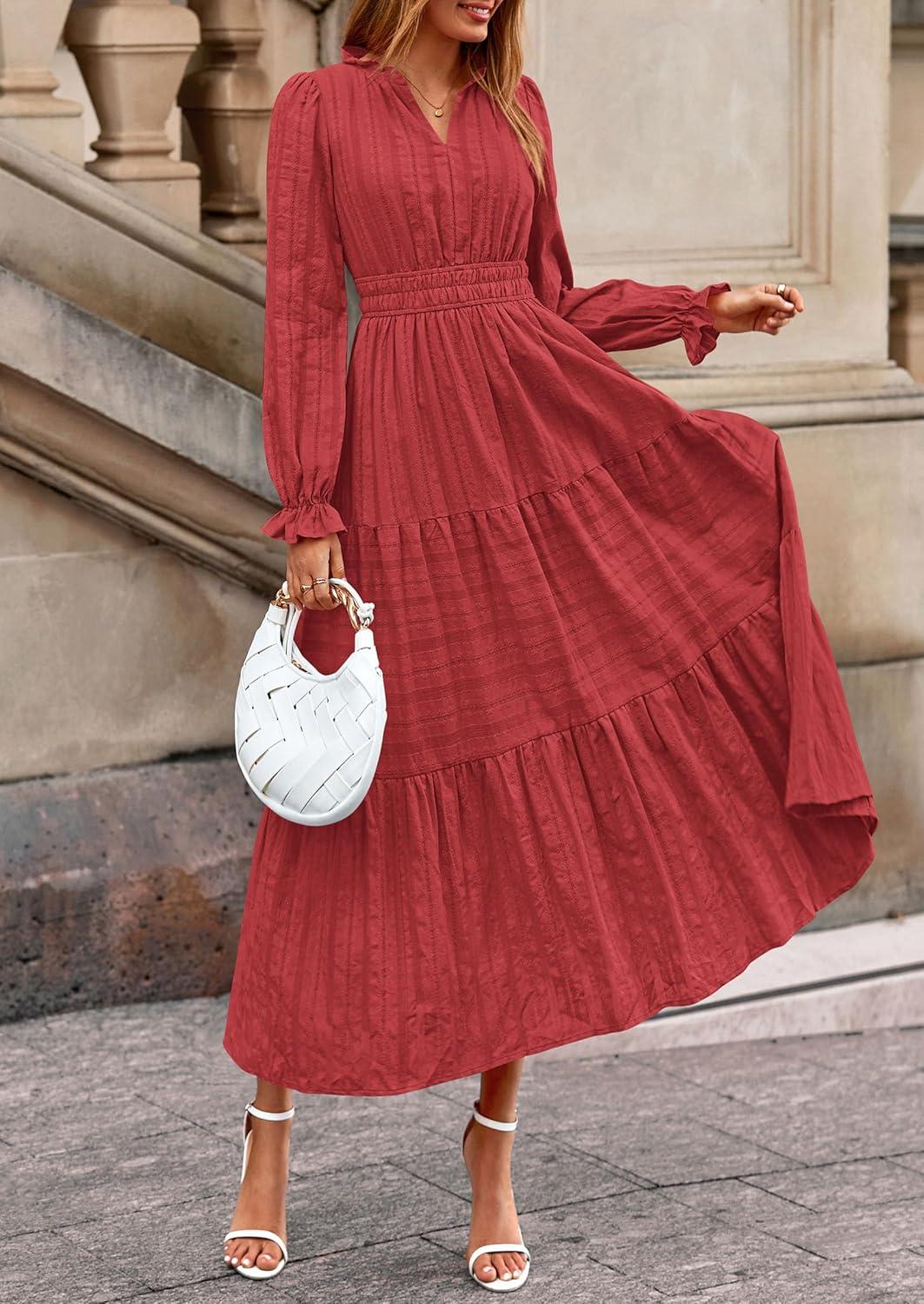 imagePRETTYGARDEN Womens 2025 Fall Wedding Guest Dresses Long Sleeve V Neck Flowy Elegant Holiday Party Maxi Dress with PocketsBrick Red