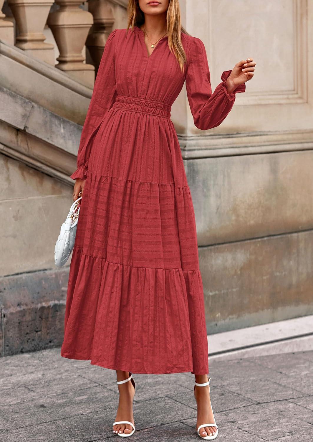 imagePRETTYGARDEN Womens 2025 Fall Wedding Guest Dresses Long Sleeve V Neck Flowy Elegant Holiday Party Maxi Dress with PocketsBrick Red