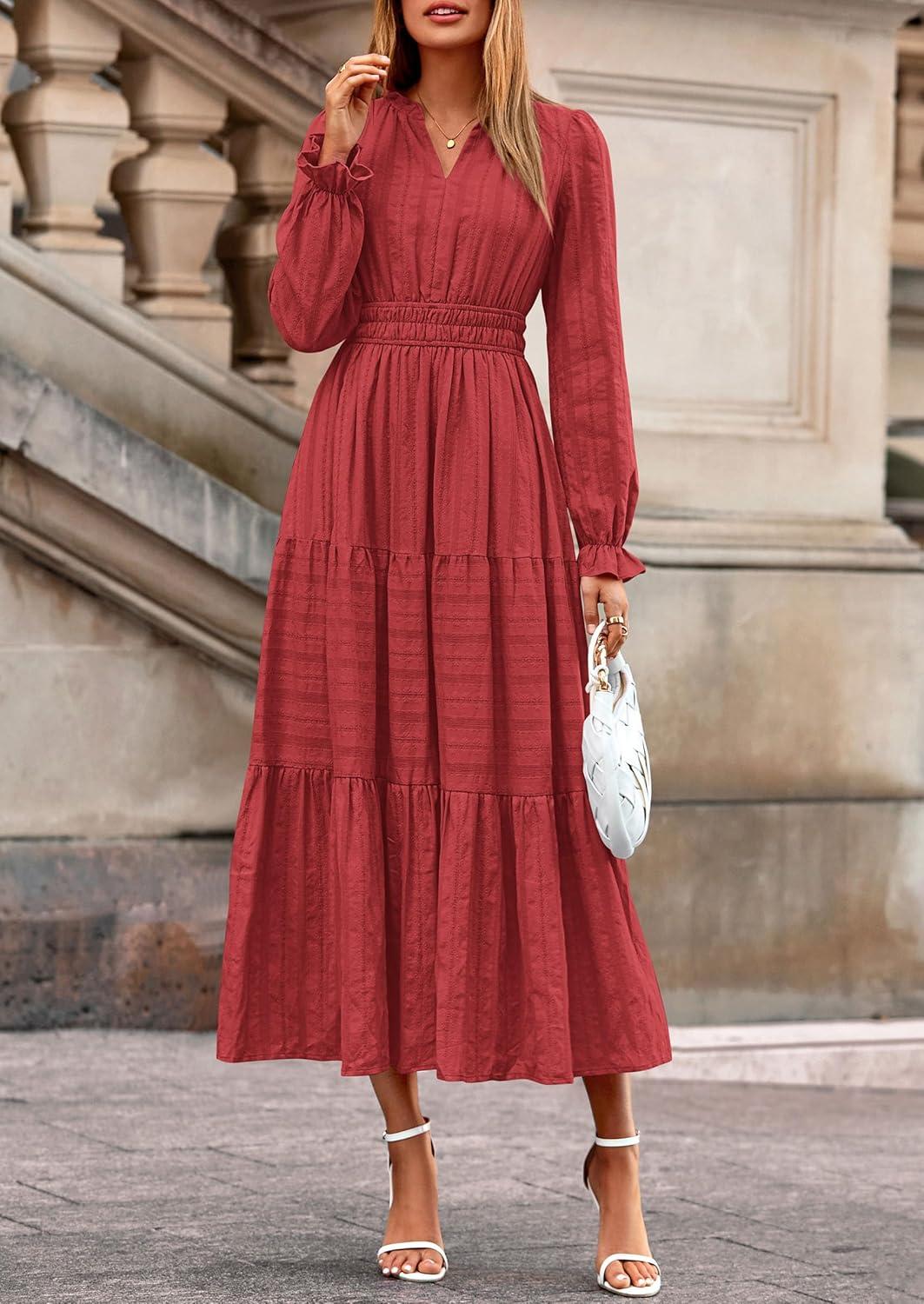 imagePRETTYGARDEN Womens 2025 Fall Wedding Guest Dresses Long Sleeve V Neck Flowy Elegant Holiday Party Maxi Dress with PocketsBrick Red