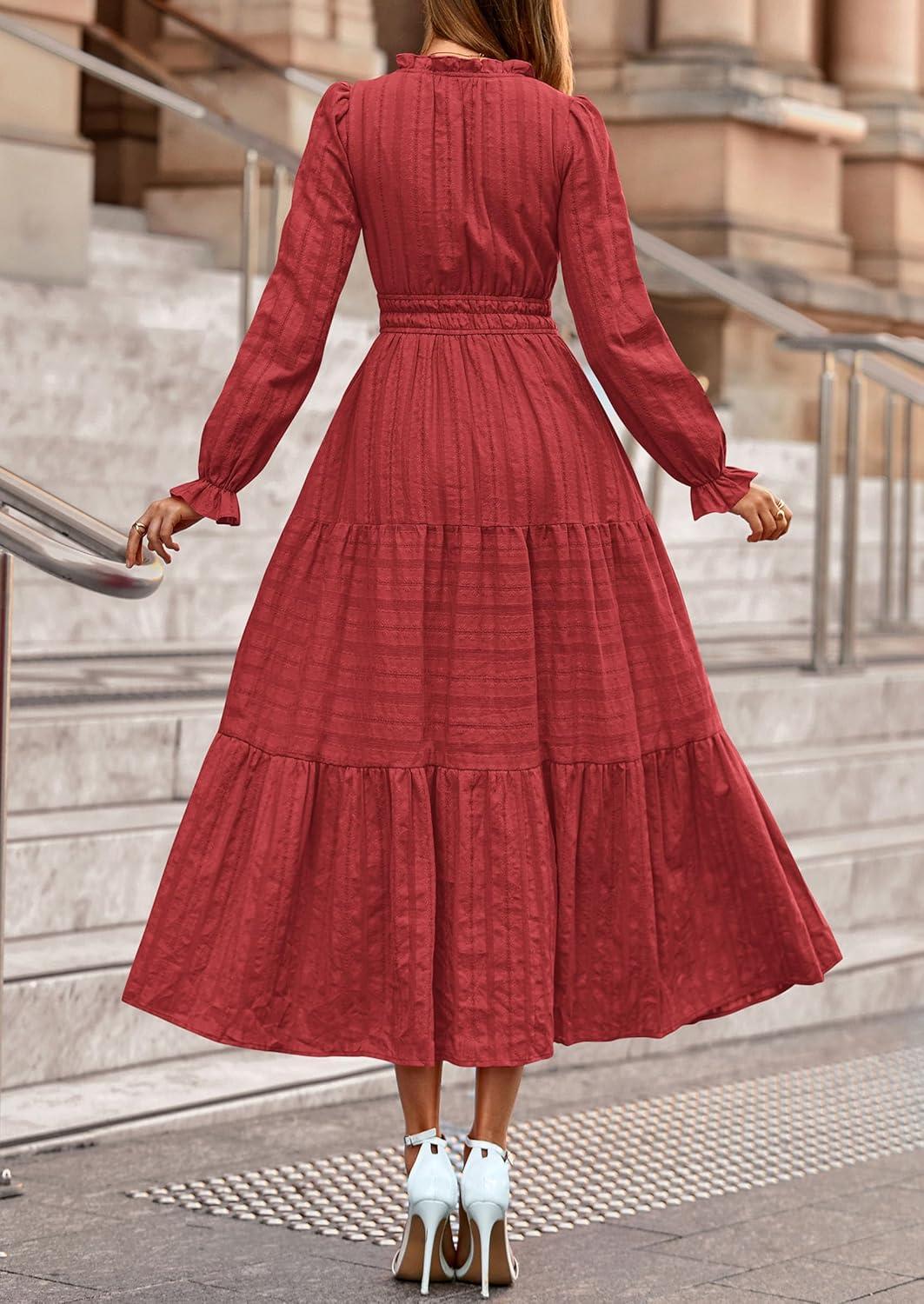 imagePRETTYGARDEN Womens 2025 Fall Wedding Guest Dresses Long Sleeve V Neck Flowy Elegant Holiday Party Maxi Dress with PocketsBrick Red