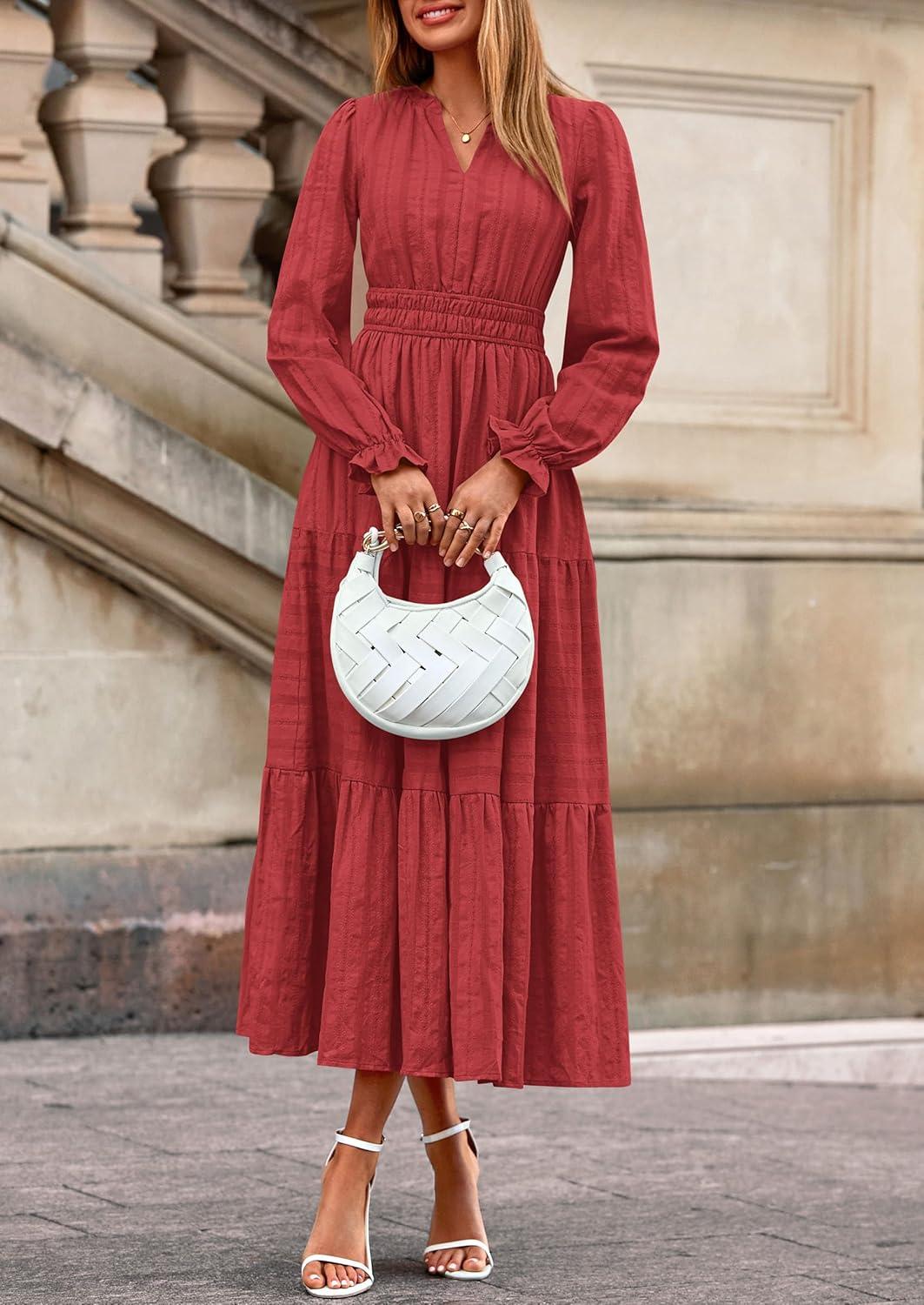 imagePRETTYGARDEN Womens 2025 Fall Wedding Guest Dresses Long Sleeve V Neck Flowy Elegant Holiday Party Maxi Dress with PocketsBrick Red