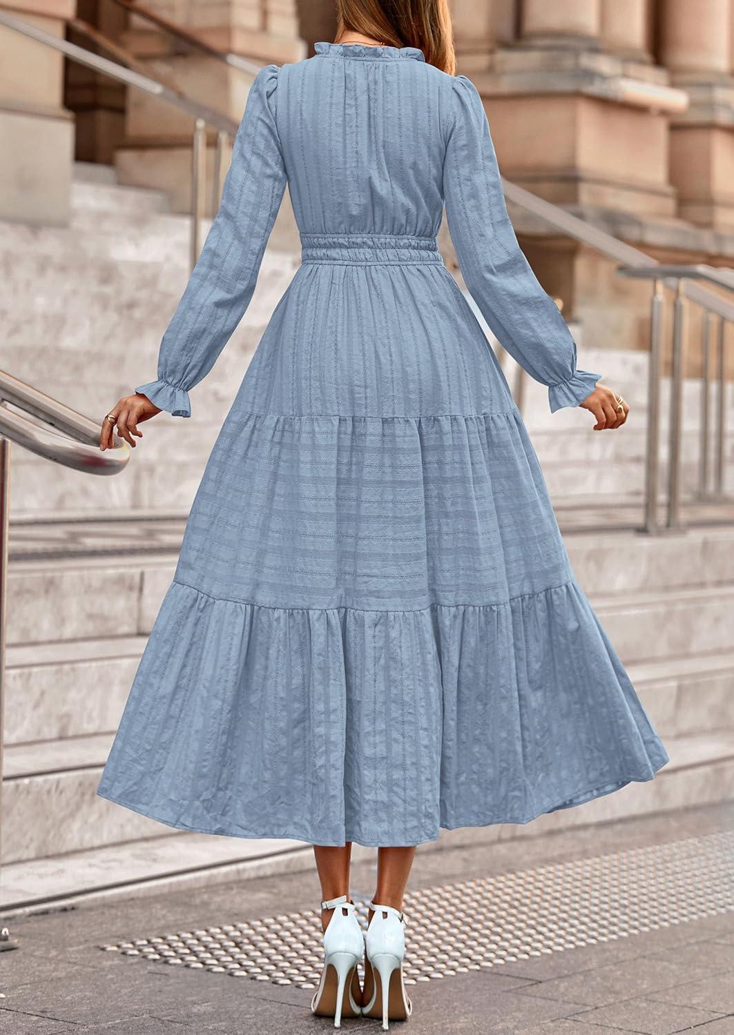 imagePRETTYGARDEN Womens 2025 Fall Wedding Guest Dresses Long Sleeve V Neck Flowy Elegant Holiday Party Maxi Dress with PocketsLight Blue