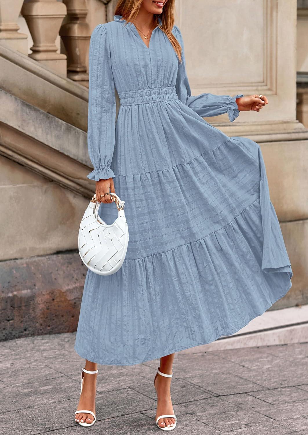 imagePRETTYGARDEN Womens 2025 Fall Wedding Guest Dresses Long Sleeve V Neck Flowy Elegant Holiday Party Maxi Dress with PocketsLight Blue