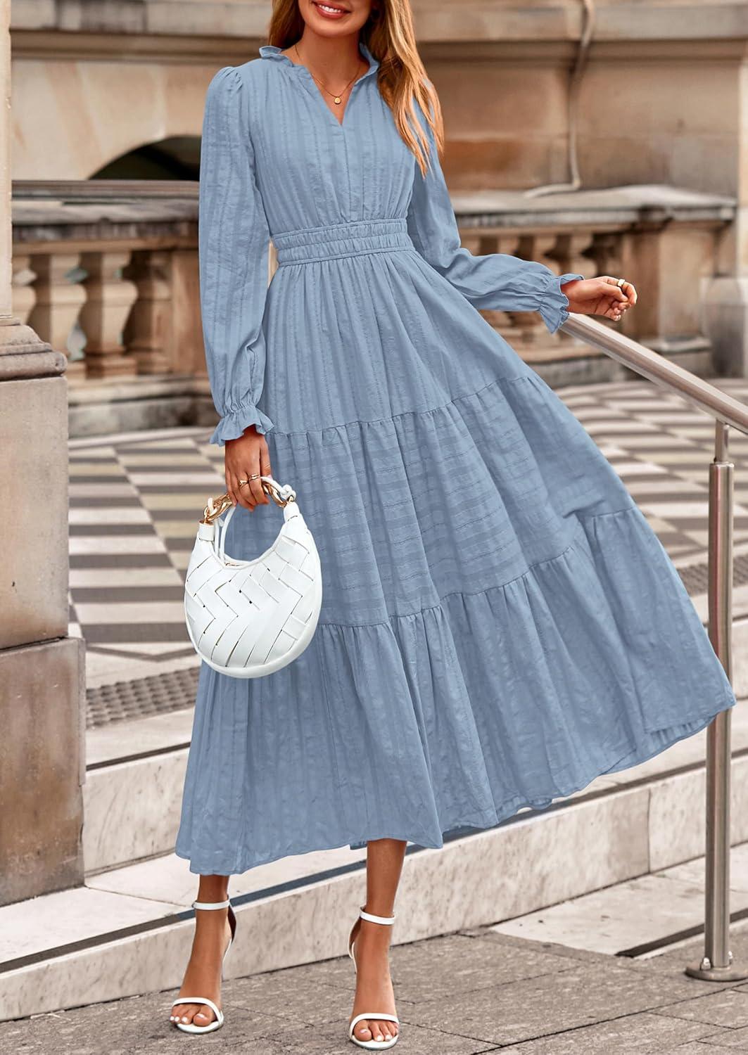 imagePRETTYGARDEN Womens 2025 Fall Wedding Guest Dresses Long Sleeve V Neck Flowy Elegant Holiday Party Maxi Dress with PocketsLight Blue