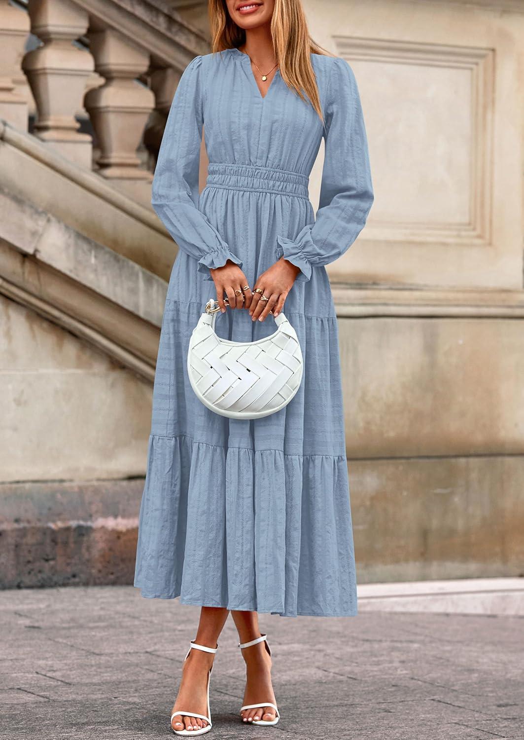 imagePRETTYGARDEN Womens 2025 Fall Wedding Guest Dresses Long Sleeve V Neck Flowy Elegant Holiday Party Maxi Dress with PocketsLight Blue