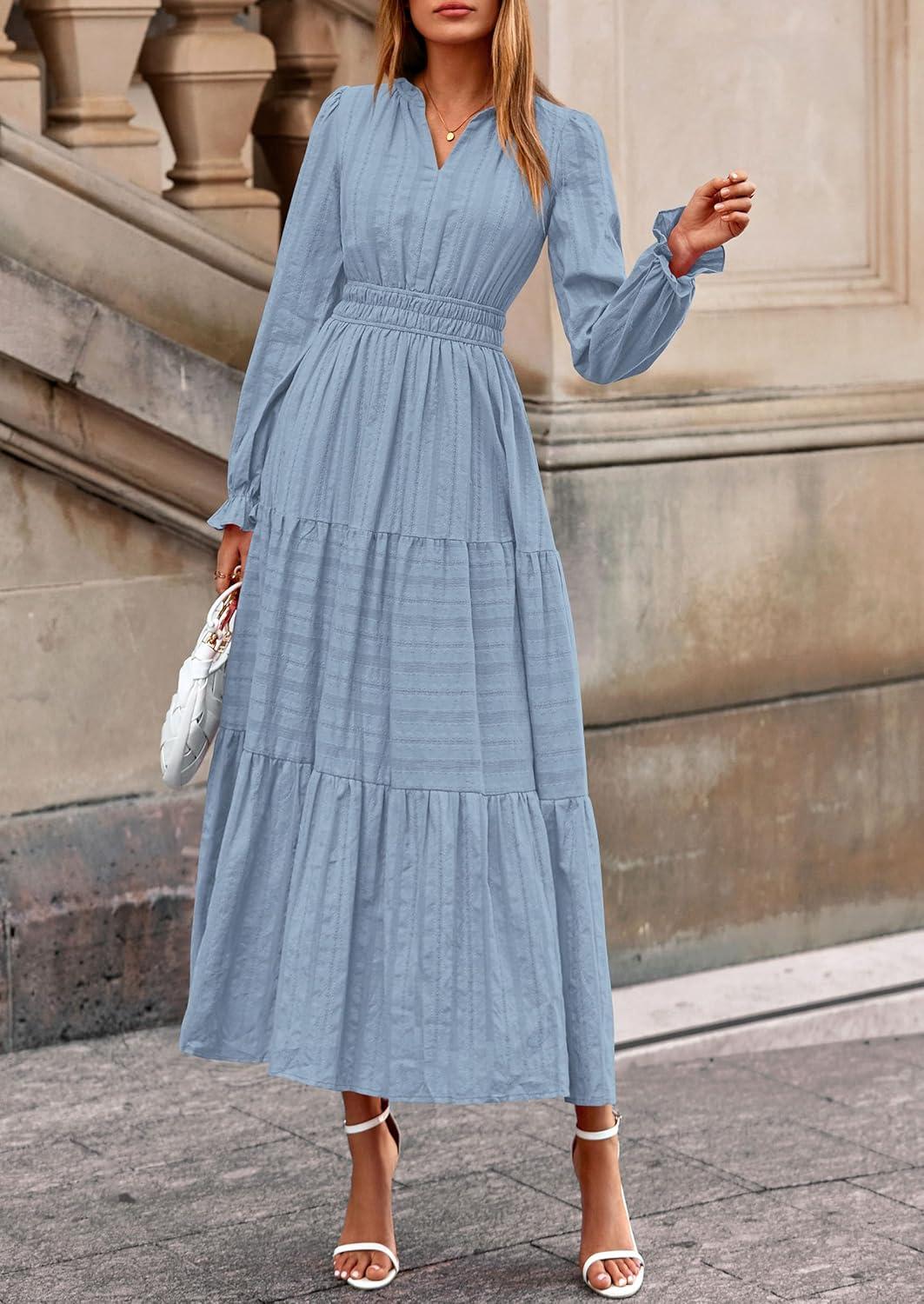 imagePRETTYGARDEN Womens 2025 Fall Wedding Guest Dresses Long Sleeve V Neck Flowy Elegant Holiday Party Maxi Dress with PocketsLight Blue