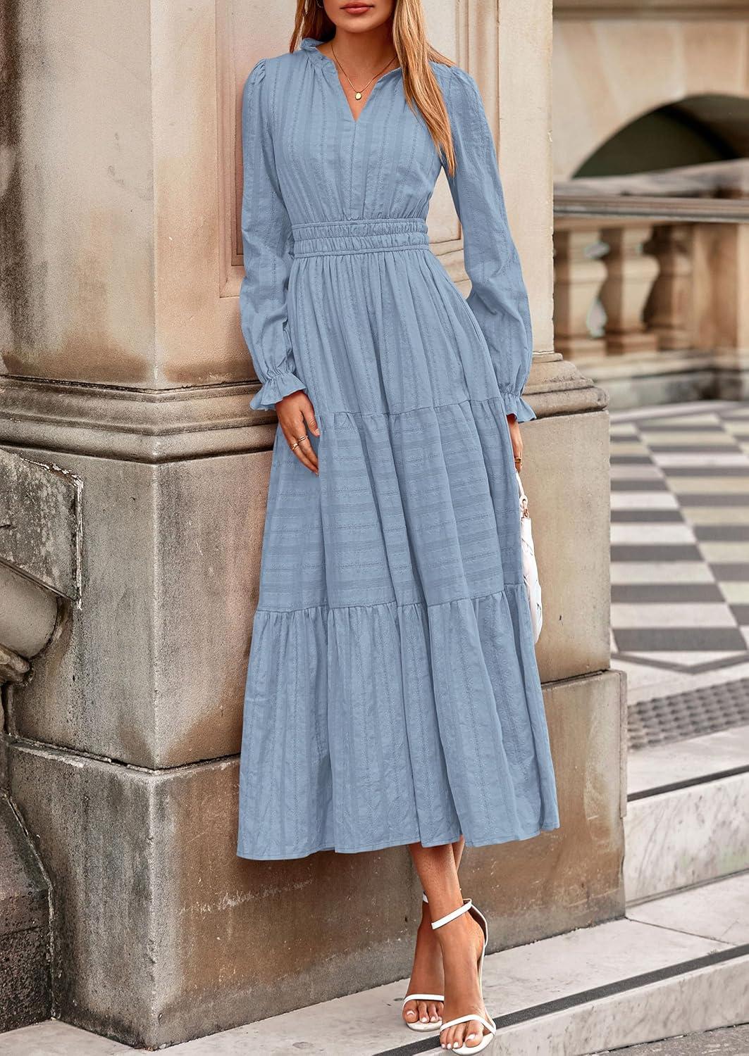imagePRETTYGARDEN Womens 2025 Fall Wedding Guest Dresses Long Sleeve V Neck Flowy Elegant Holiday Party Maxi Dress with PocketsLight Blue