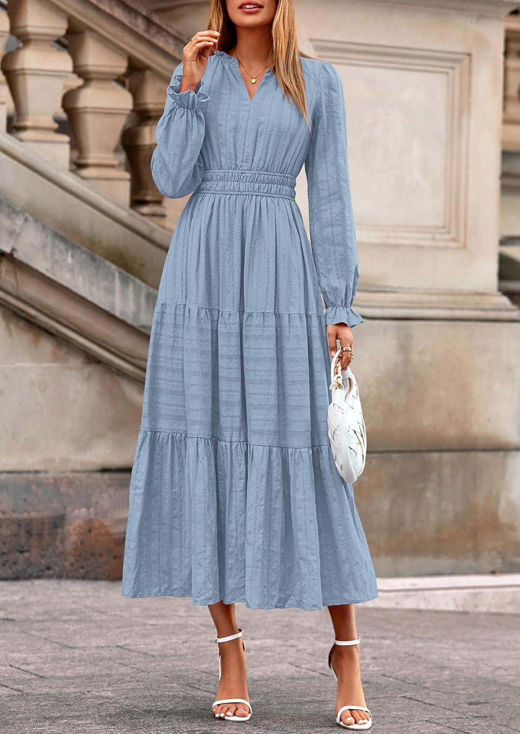 imagePRETTYGARDEN Womens 2025 Fall Wedding Guest Dresses Long Sleeve V Neck Flowy Elegant Holiday Party Maxi Dress with PocketsLight Blue