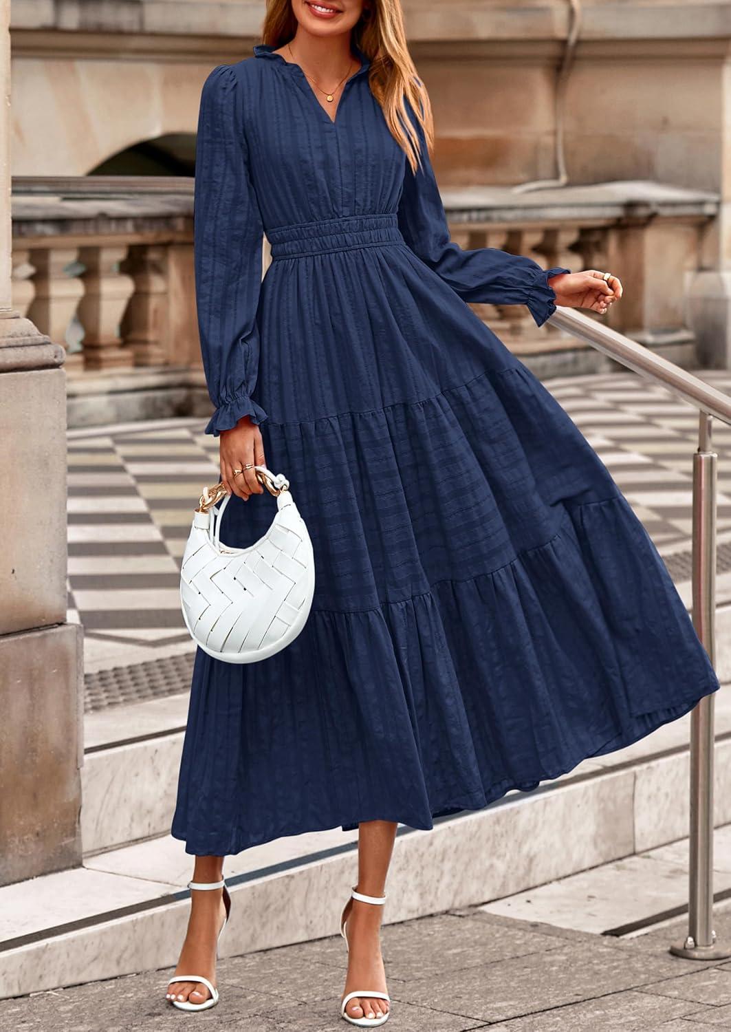 imagePRETTYGARDEN Womens 2025 Fall Wedding Guest Dresses Long Sleeve V Neck Flowy Elegant Holiday Party Maxi Dress with PocketsNavy Blue