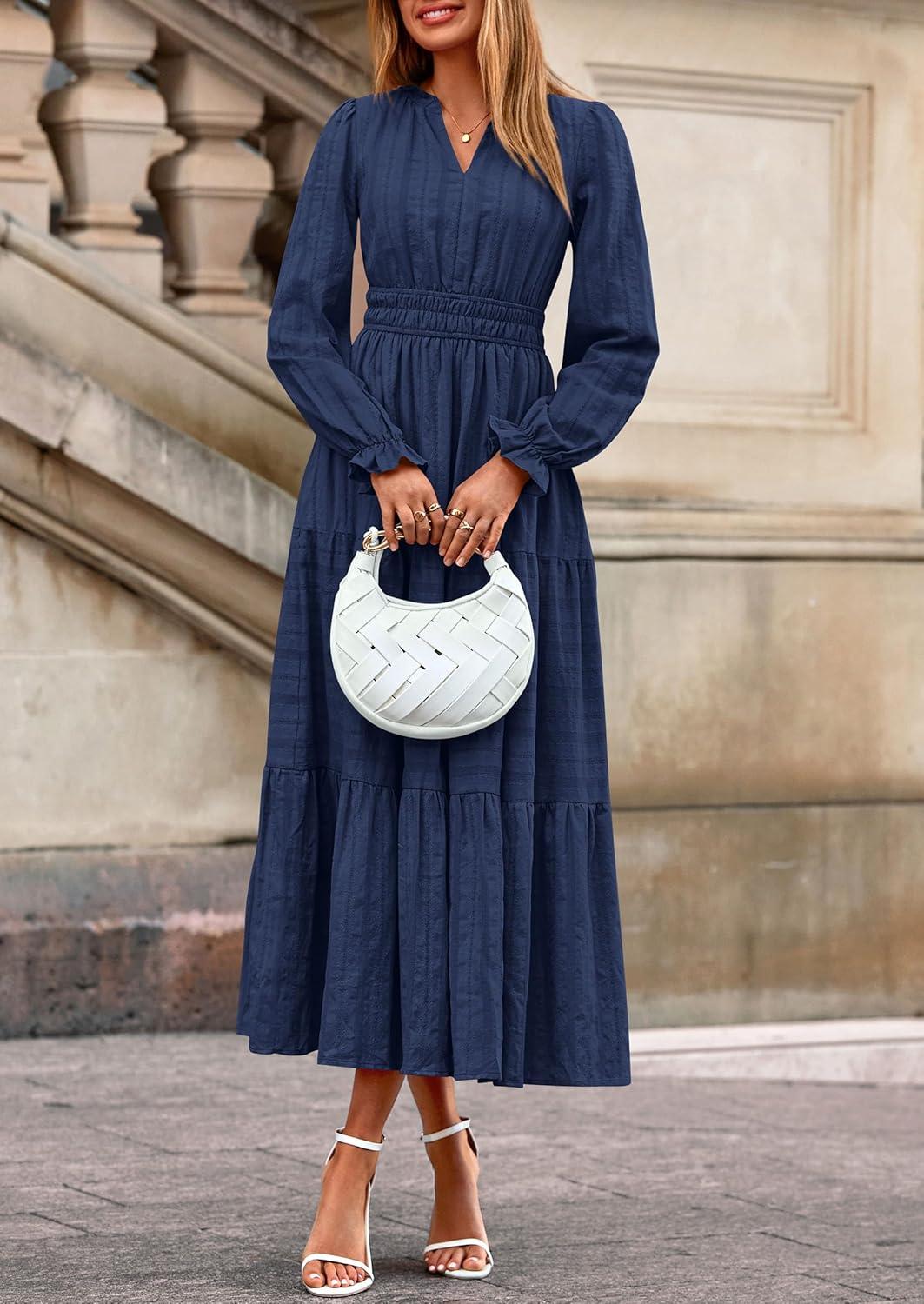 imagePRETTYGARDEN Womens 2025 Fall Wedding Guest Dresses Long Sleeve V Neck Flowy Elegant Holiday Party Maxi Dress with PocketsNavy Blue
