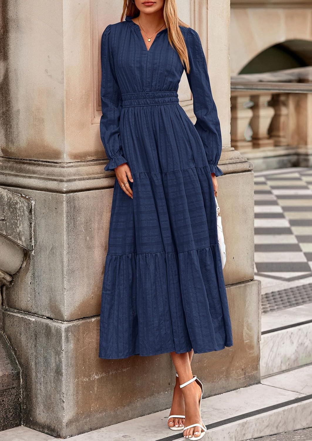 imagePRETTYGARDEN Womens 2025 Fall Wedding Guest Dresses Long Sleeve V Neck Flowy Elegant Holiday Party Maxi Dress with PocketsNavy Blue