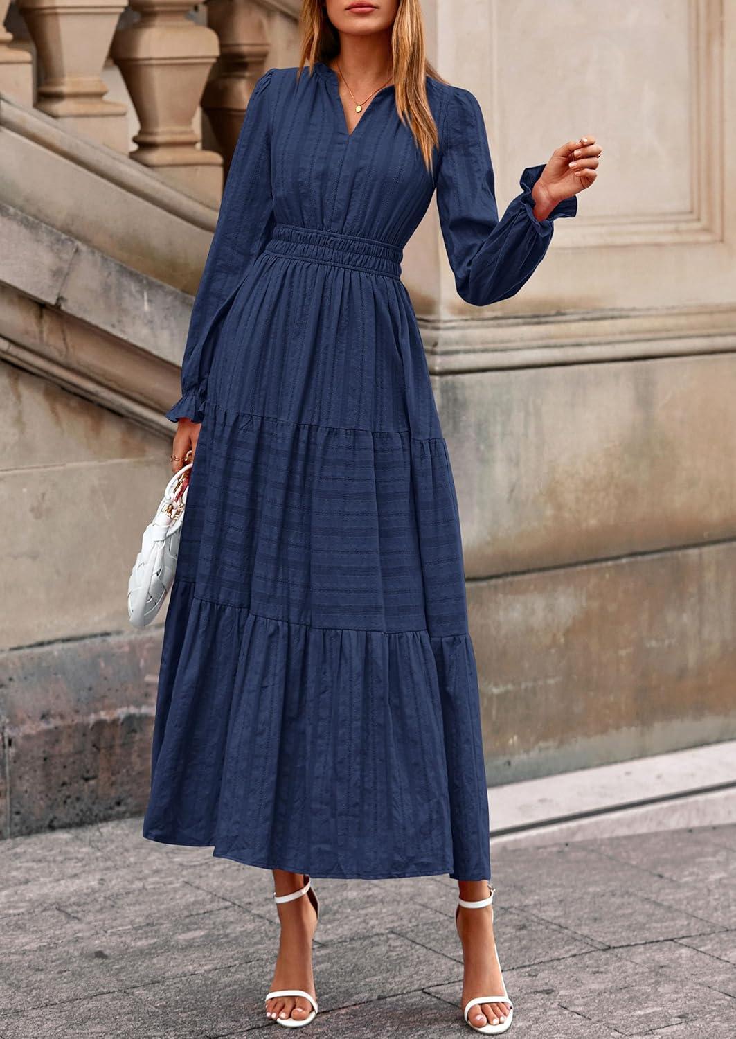 imagePRETTYGARDEN Womens 2025 Fall Wedding Guest Dresses Long Sleeve V Neck Flowy Elegant Holiday Party Maxi Dress with PocketsNavy Blue