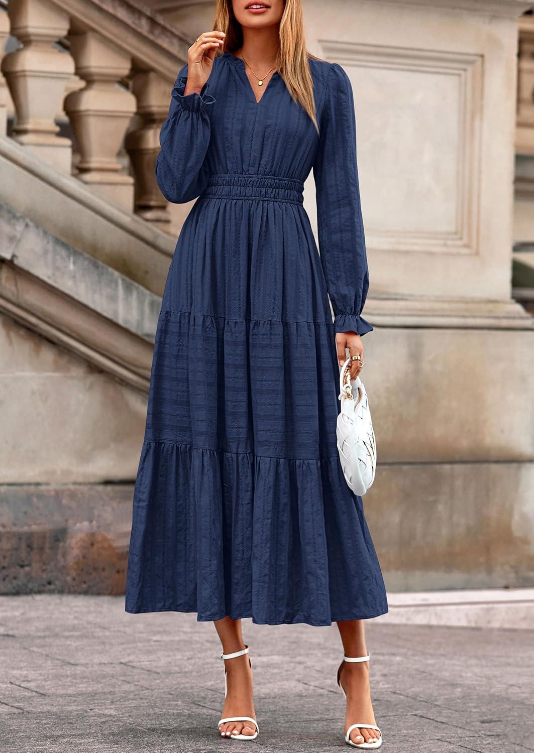 imagePRETTYGARDEN Womens 2025 Fall Wedding Guest Dresses Long Sleeve V Neck Flowy Elegant Holiday Party Maxi Dress with PocketsNavy Blue