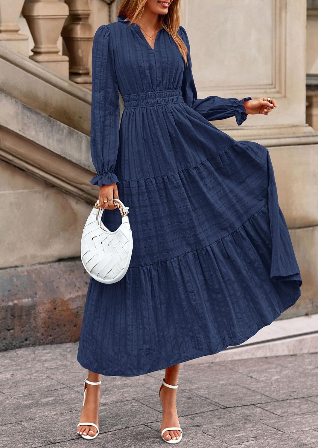imagePRETTYGARDEN Womens 2025 Fall Wedding Guest Dresses Long Sleeve V Neck Flowy Elegant Holiday Party Maxi Dress with PocketsNavy Blue