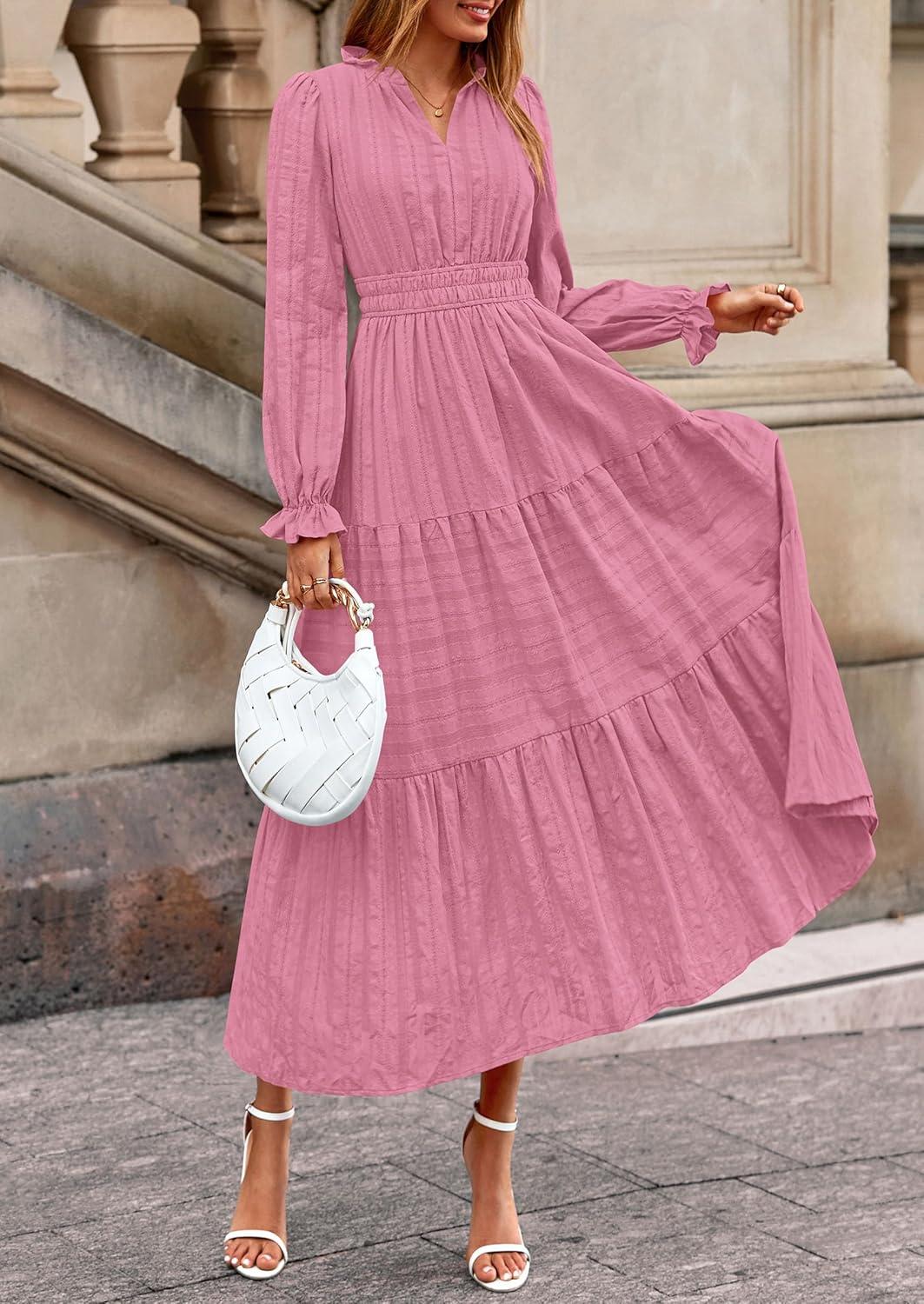 imagePRETTYGARDEN Womens 2025 Fall Wedding Guest Dresses Long Sleeve V Neck Flowy Elegant Holiday Party Maxi Dress with PocketsPink