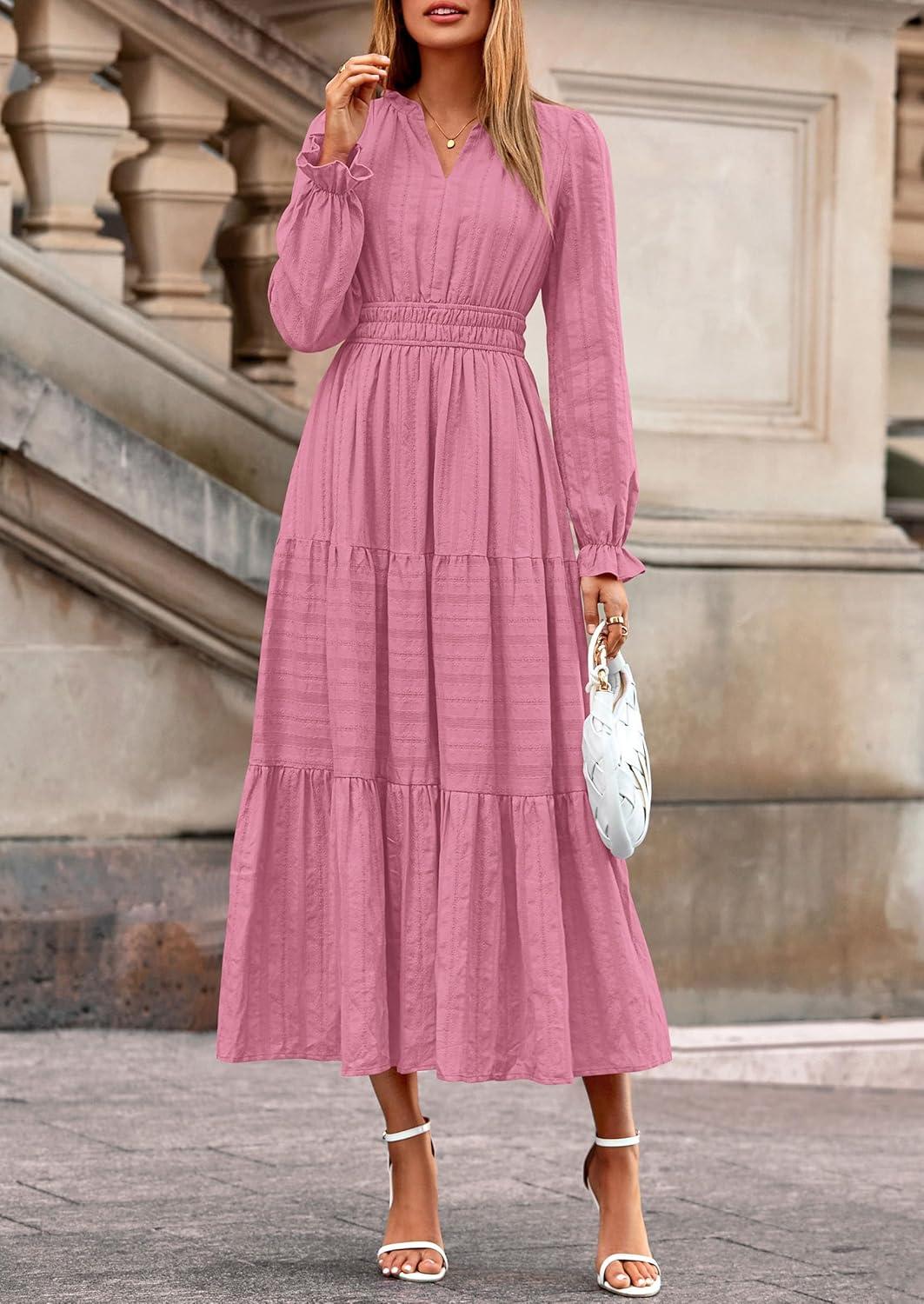 imagePRETTYGARDEN Womens 2025 Fall Wedding Guest Dresses Long Sleeve V Neck Flowy Elegant Holiday Party Maxi Dress with PocketsPink