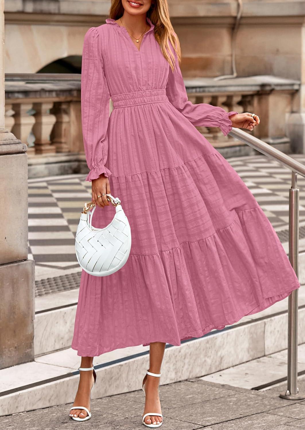 imagePRETTYGARDEN Womens 2025 Fall Wedding Guest Dresses Long Sleeve V Neck Flowy Elegant Holiday Party Maxi Dress with PocketsPink