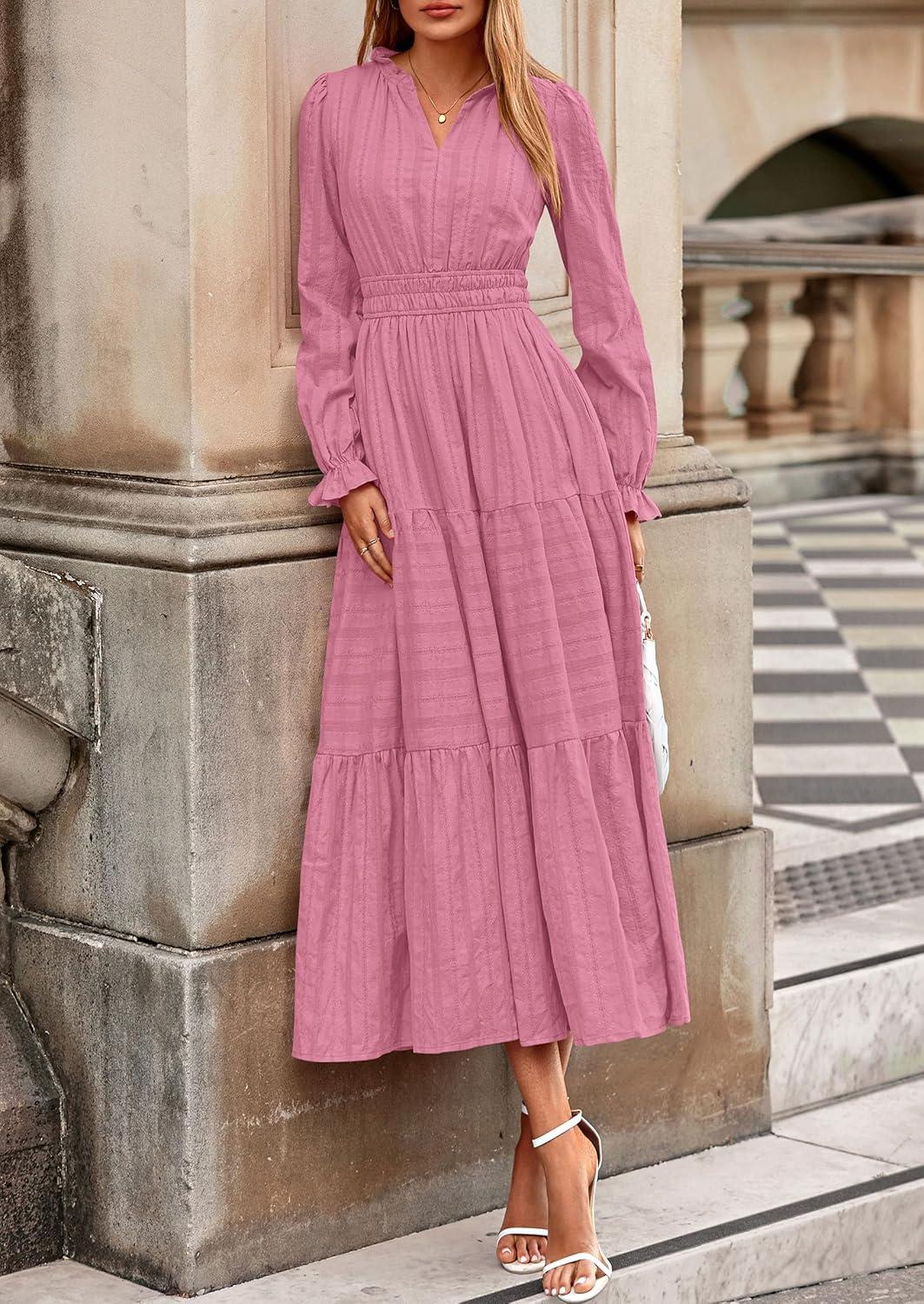 imagePRETTYGARDEN Womens 2025 Fall Wedding Guest Dresses Long Sleeve V Neck Flowy Elegant Holiday Party Maxi Dress with PocketsPink