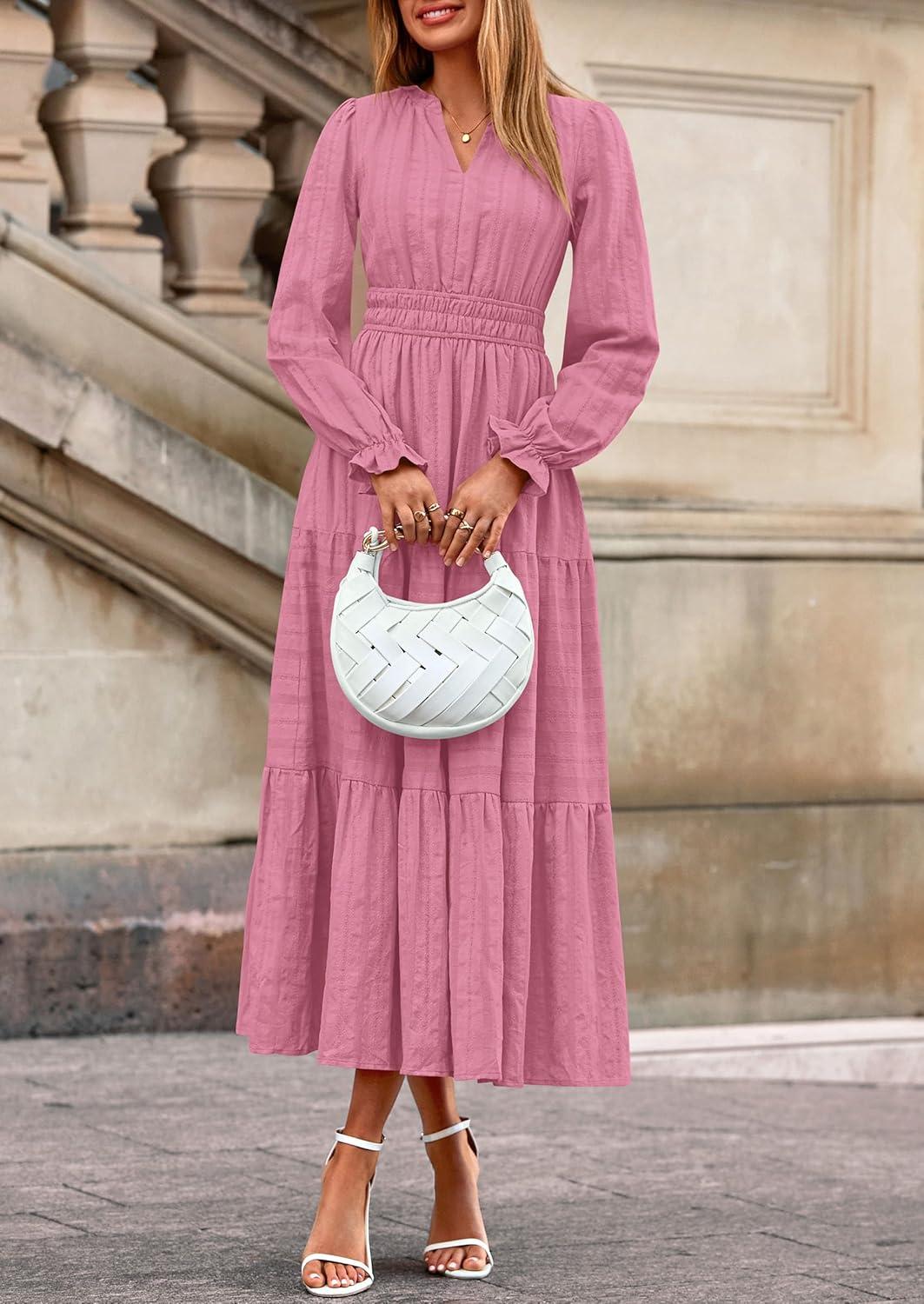 imagePRETTYGARDEN Womens 2025 Fall Wedding Guest Dresses Long Sleeve V Neck Flowy Elegant Holiday Party Maxi Dress with PocketsPink