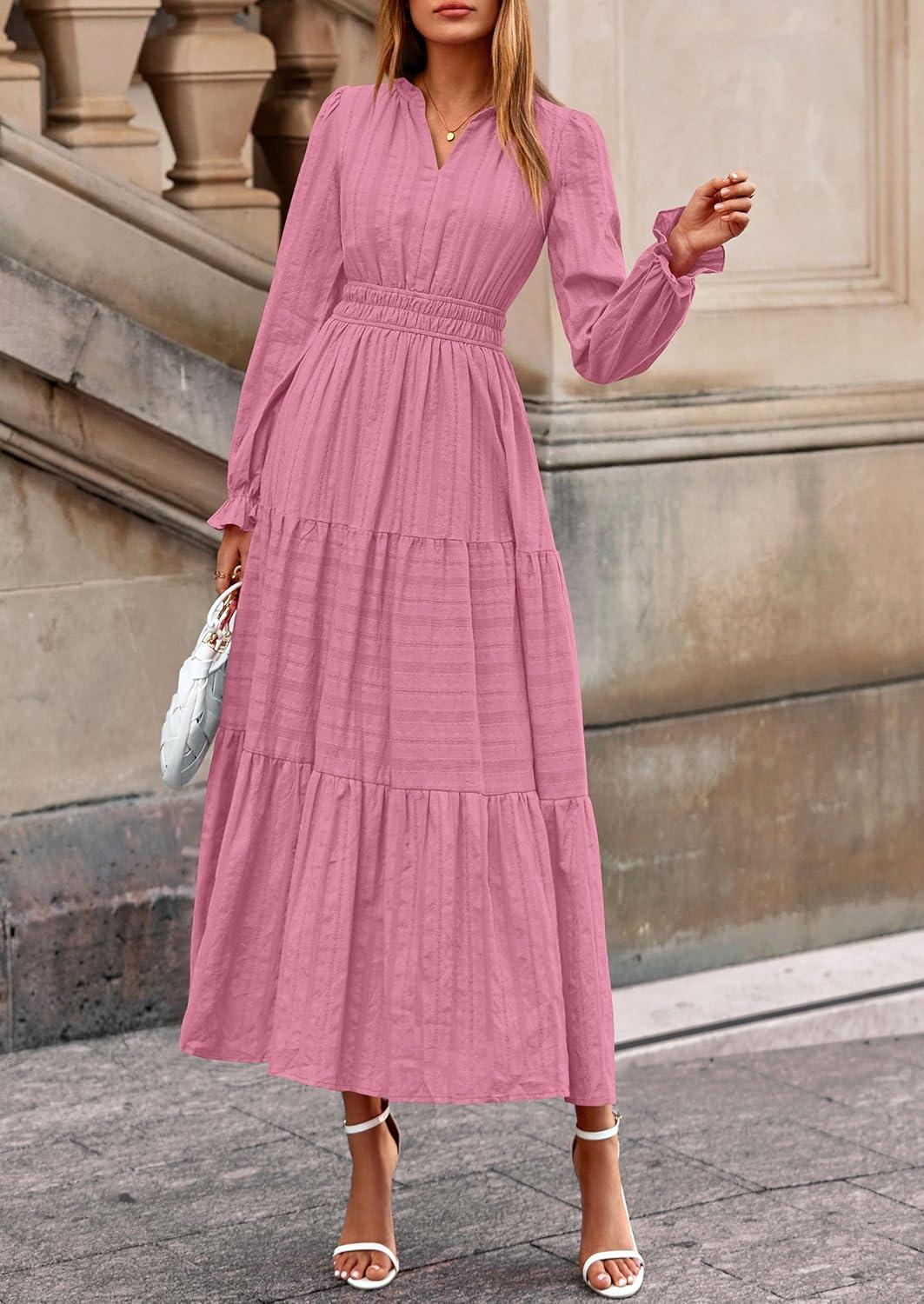 imagePRETTYGARDEN Womens 2025 Fall Wedding Guest Dresses Long Sleeve V Neck Flowy Elegant Holiday Party Maxi Dress with PocketsPink