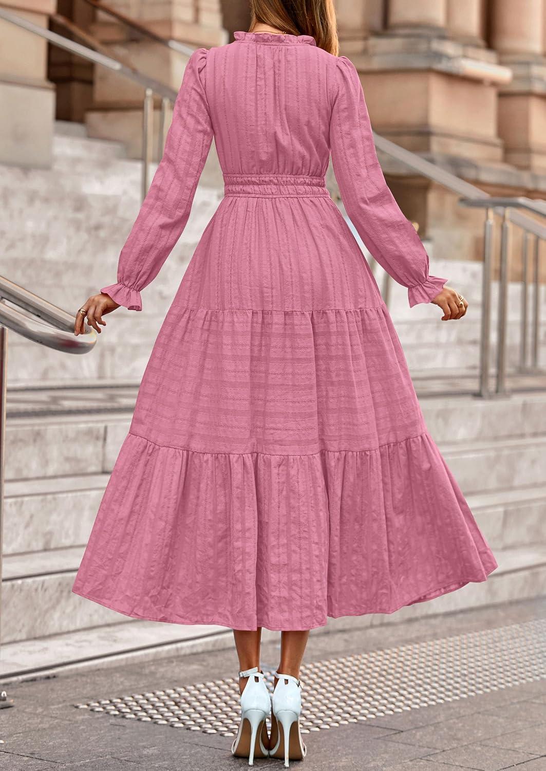 imagePRETTYGARDEN Womens 2025 Fall Wedding Guest Dresses Long Sleeve V Neck Flowy Elegant Holiday Party Maxi Dress with PocketsPink