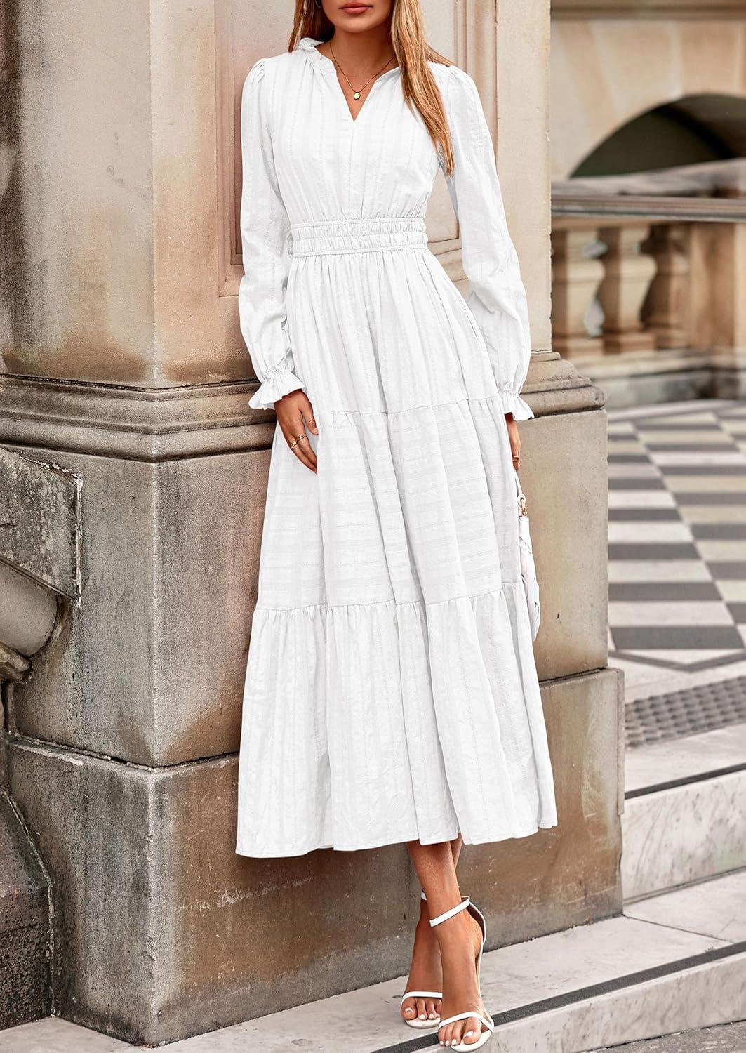 imagePRETTYGARDEN Womens 2025 Fall Wedding Guest Dresses Long Sleeve V Neck Flowy Elegant Holiday Party Maxi Dress with PocketsWhite