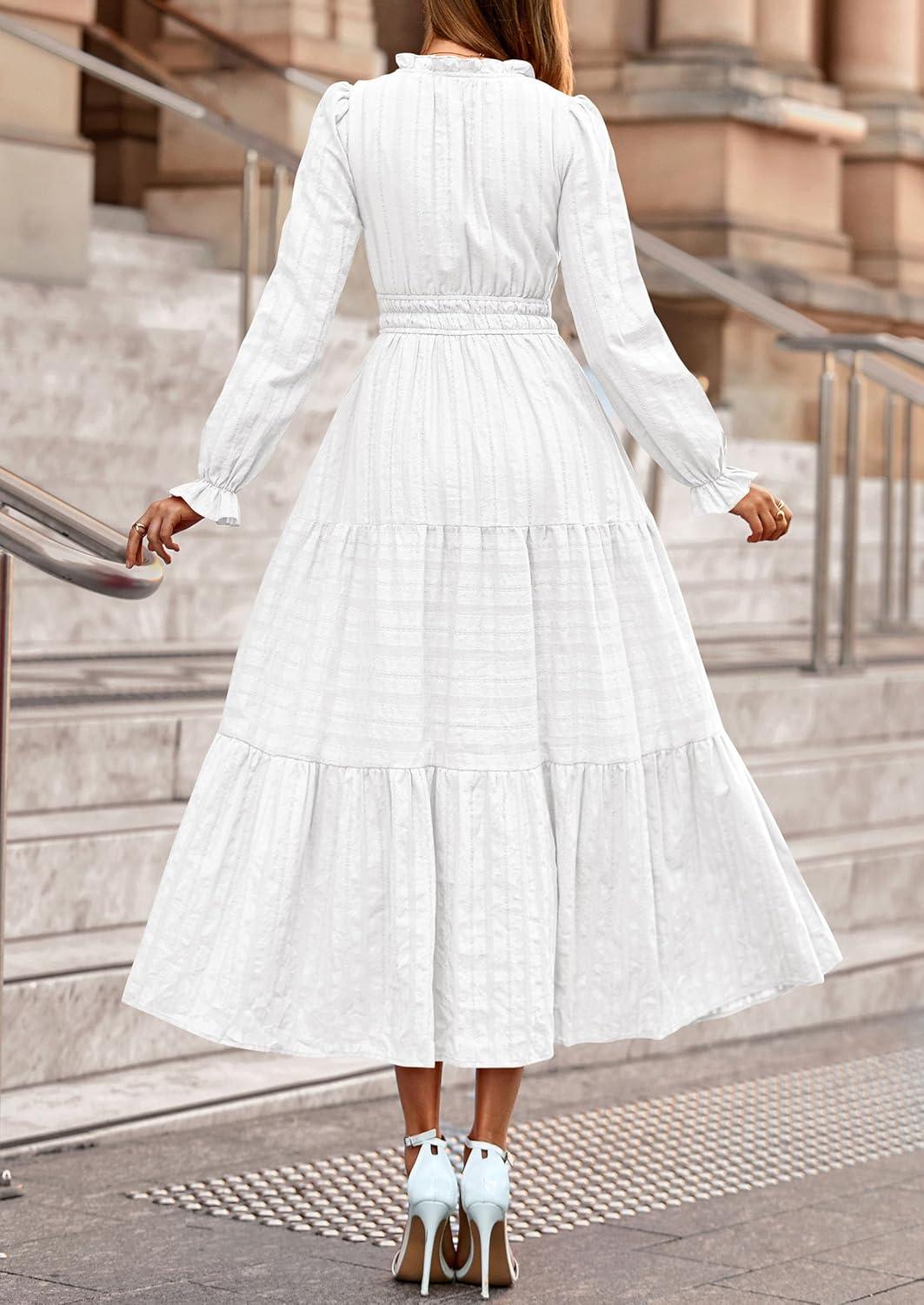 imagePRETTYGARDEN Womens 2025 Fall Wedding Guest Dresses Long Sleeve V Neck Flowy Elegant Holiday Party Maxi Dress with PocketsWhite