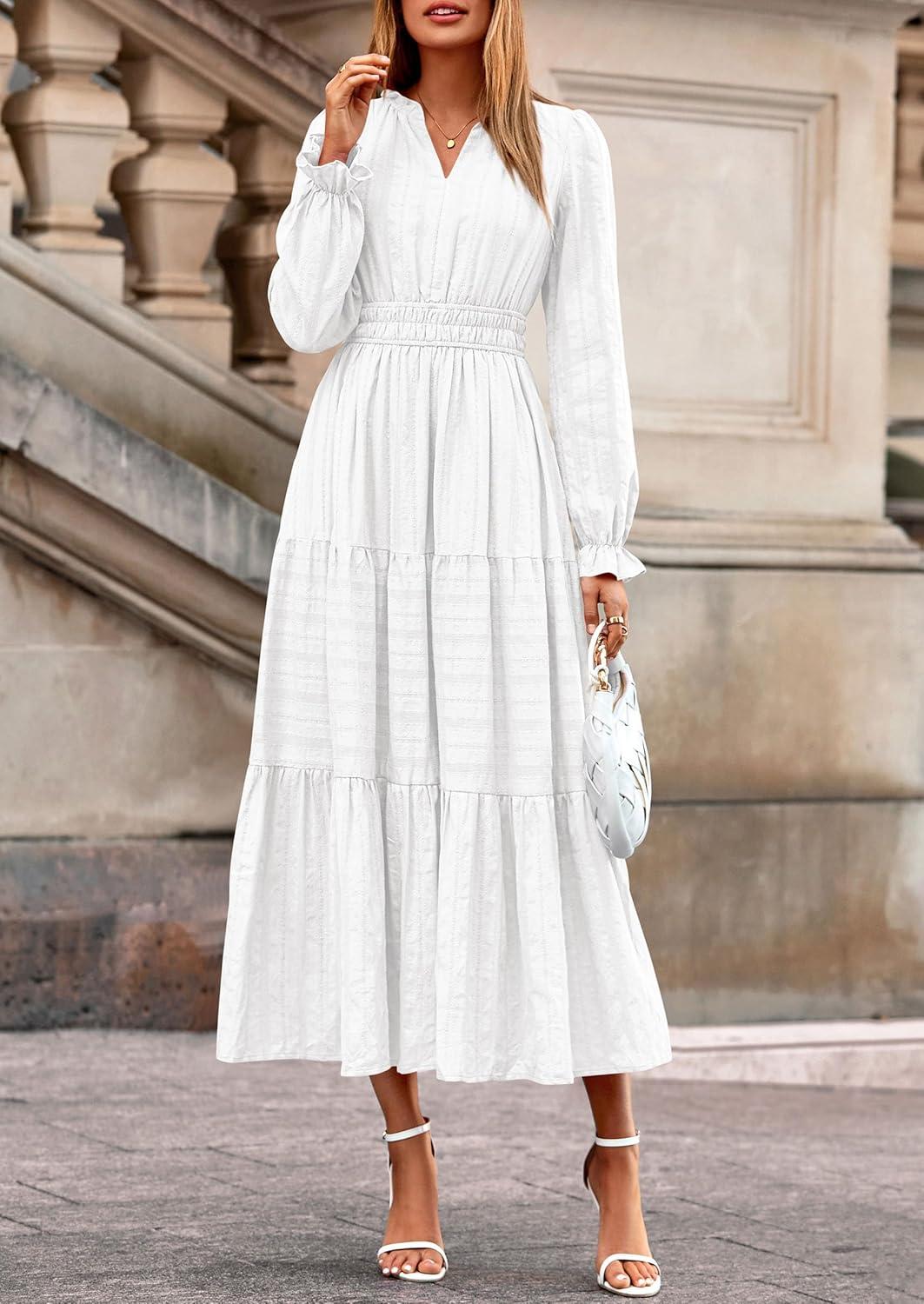 imagePRETTYGARDEN Womens 2025 Fall Wedding Guest Dresses Long Sleeve V Neck Flowy Elegant Holiday Party Maxi Dress with PocketsWhite